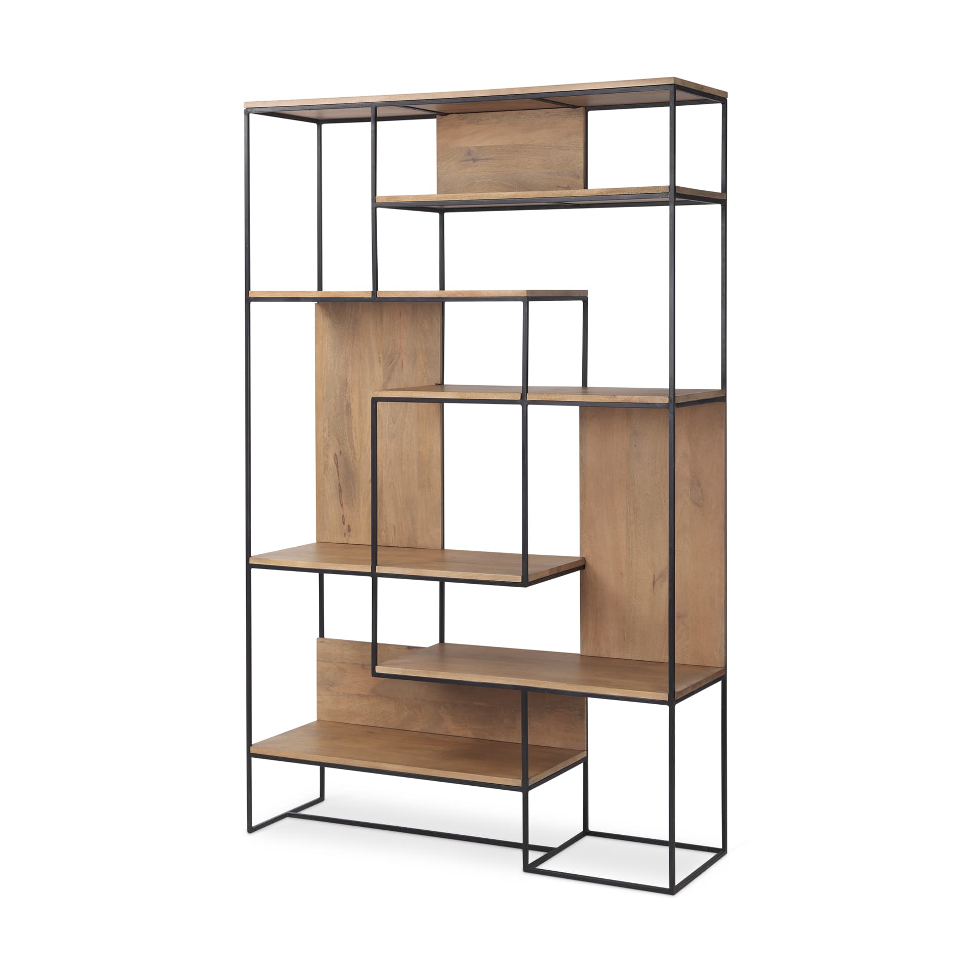Morris 47.0L x 15.0W x 75.0H Light Brown Wood w/ Black Metal Frame 6-Tier Shelving Unit — product photograph