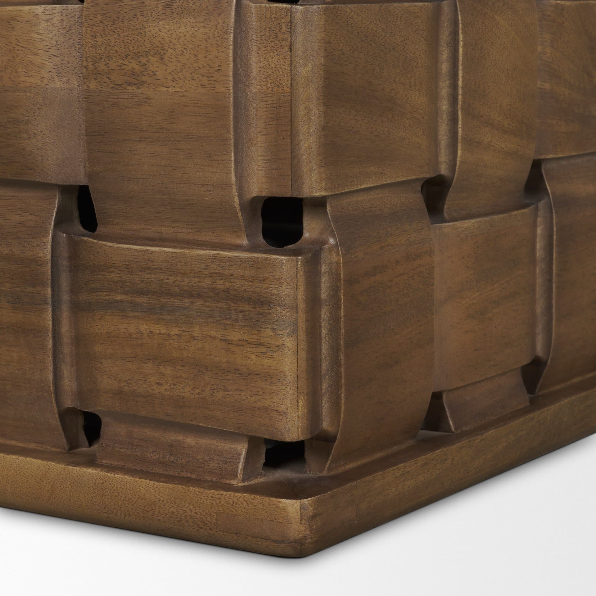 Trellyn 48" Dark Brown Wood w/ Carved Woven Base Square Coffee Table — product photograph