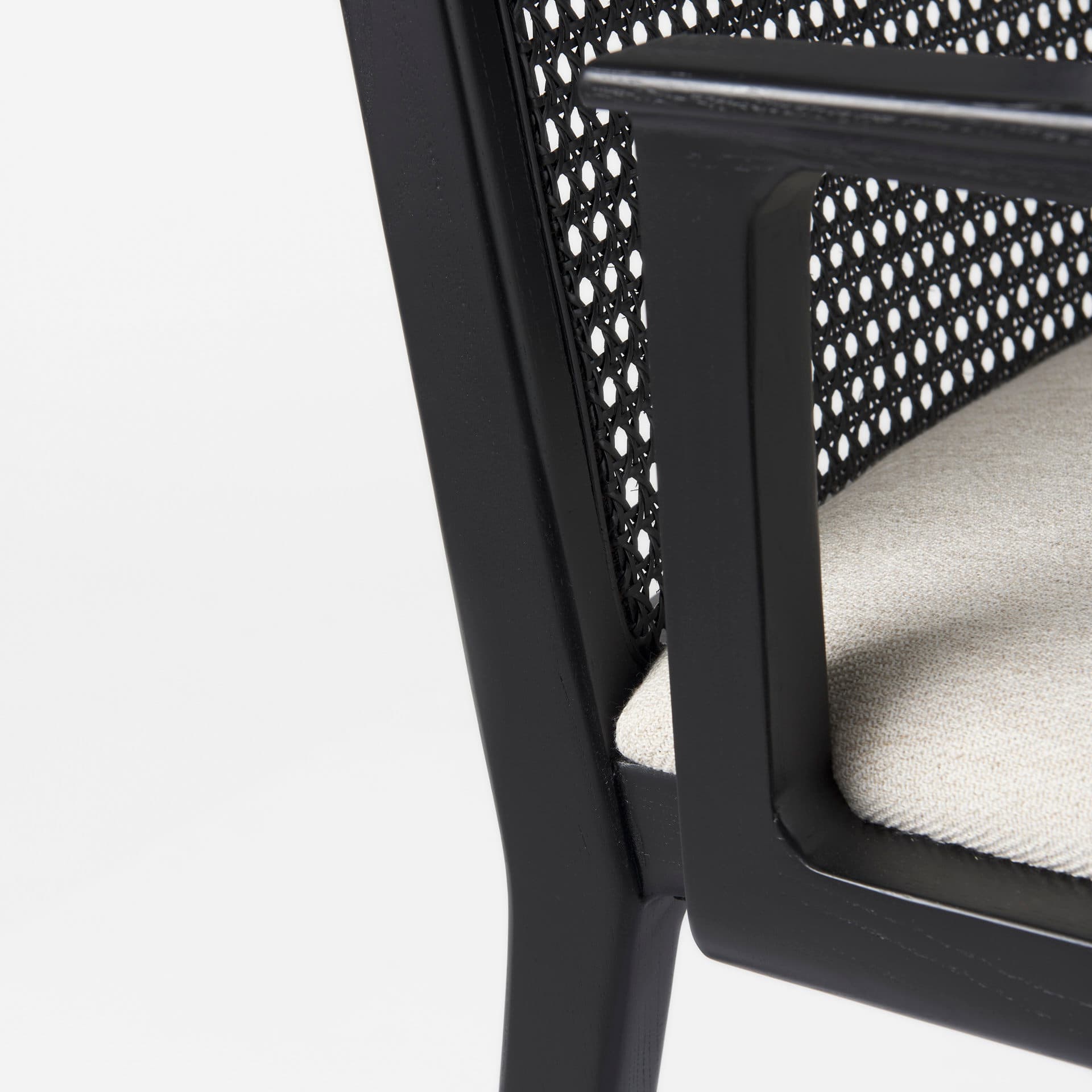 Clara Cane Back Dining Arm Chair | Cream Fabric w/ Black Wood — product photograph
