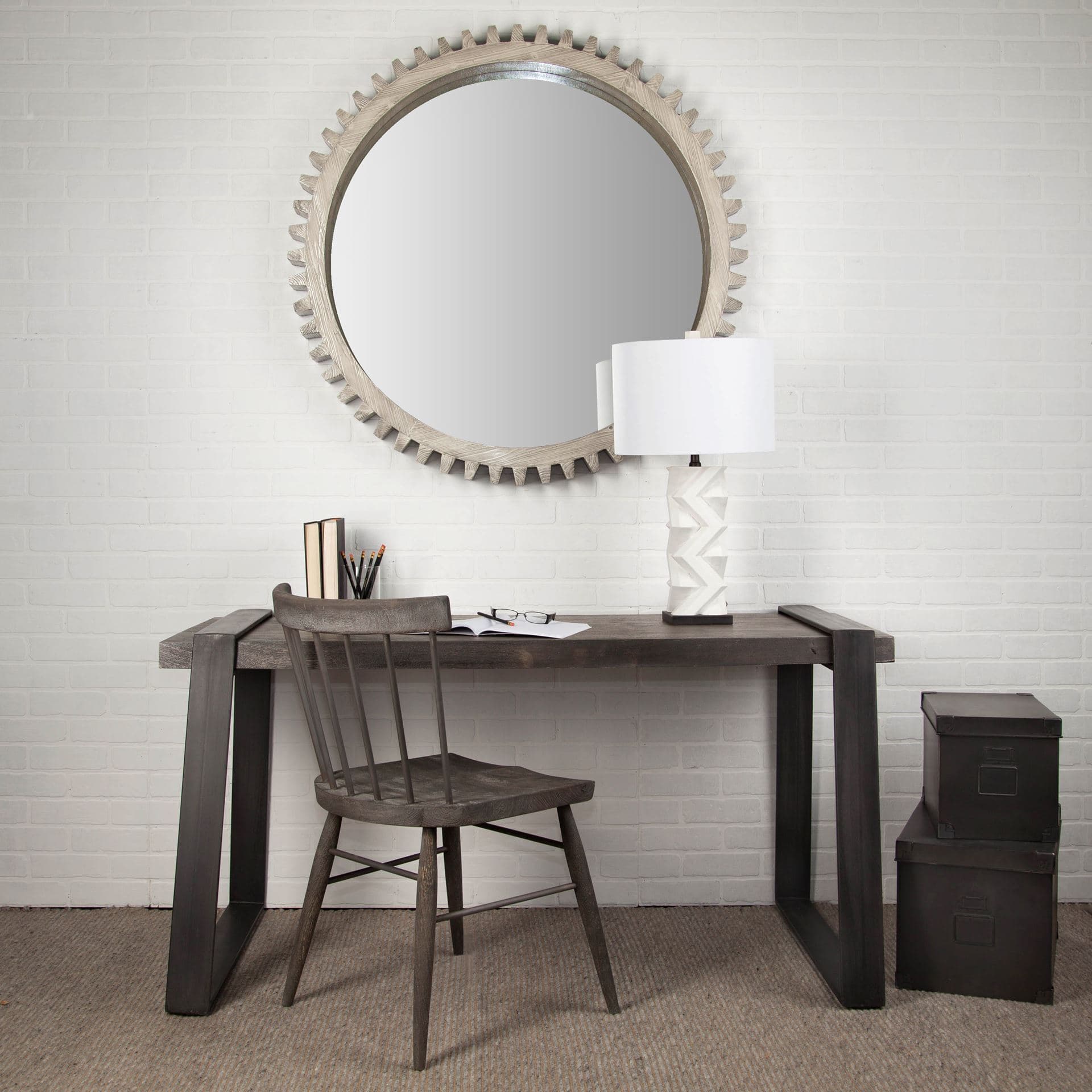 Cog Mirror 44" Round Gray Wood Frame Mirror — in a styled room