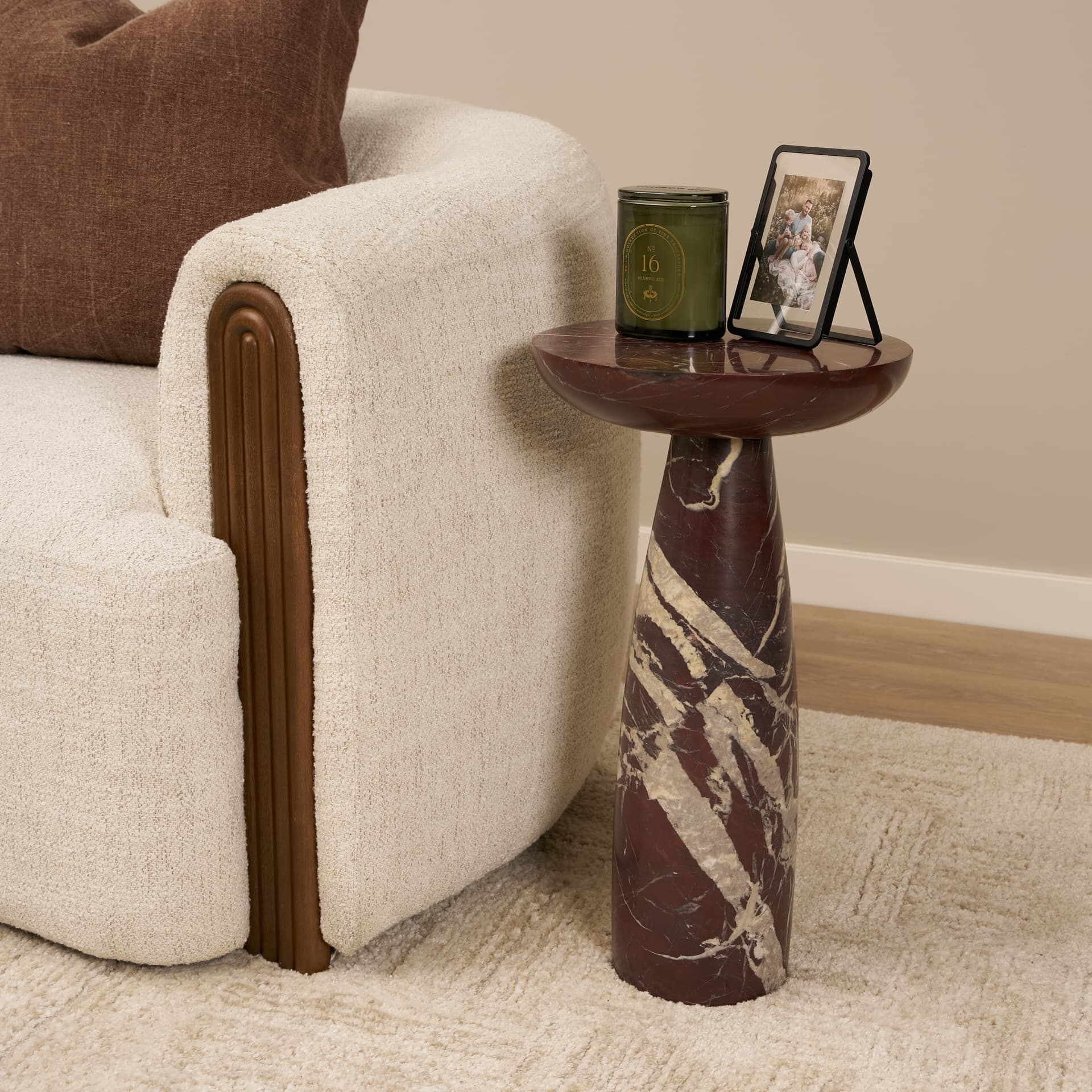 Bellancia Rosso Red Levanto Marble Pedastal Side Table — in a styled room