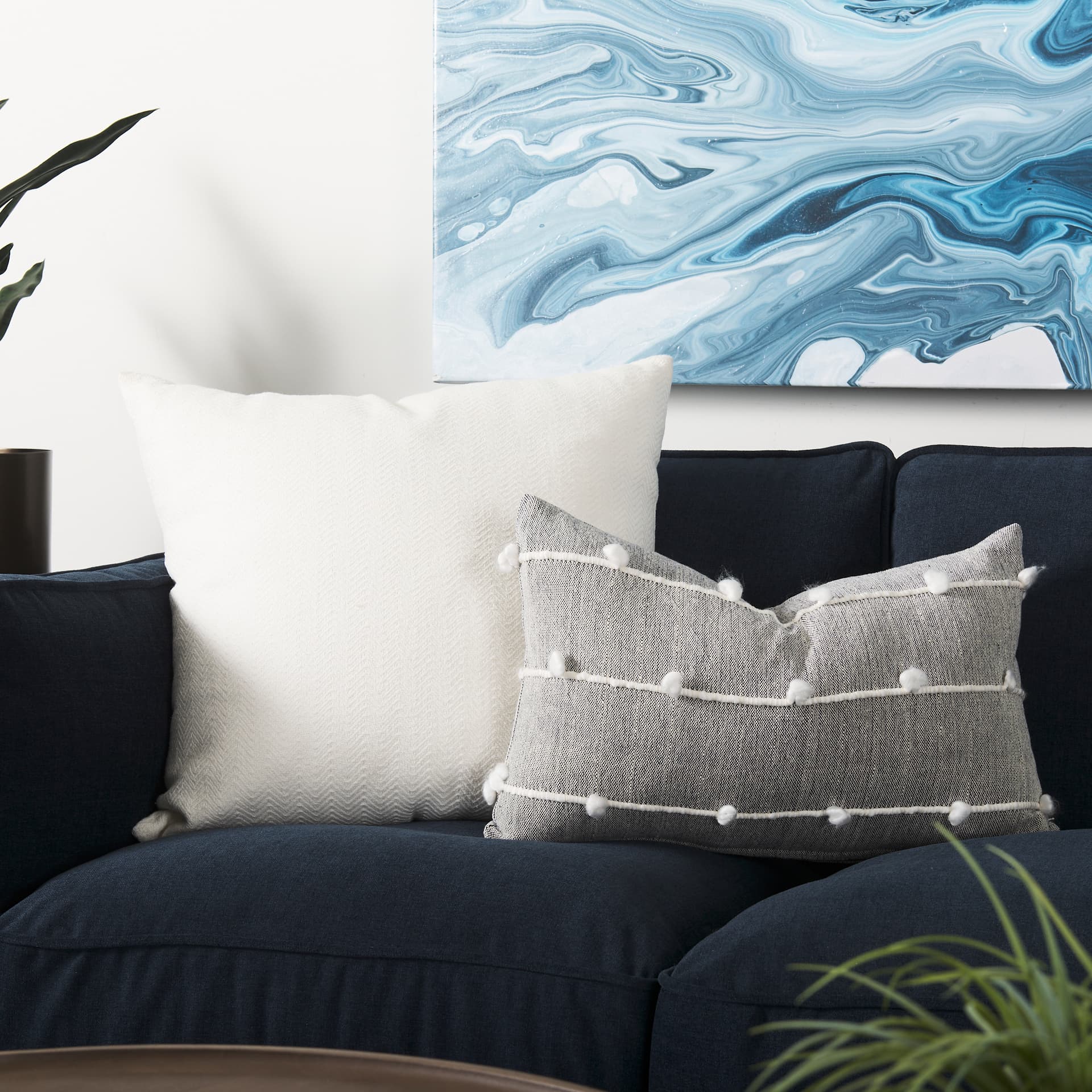 Linda 13x21 Navy And Cream With White Detail Pillow Cover w/Down Filler — product photograph
