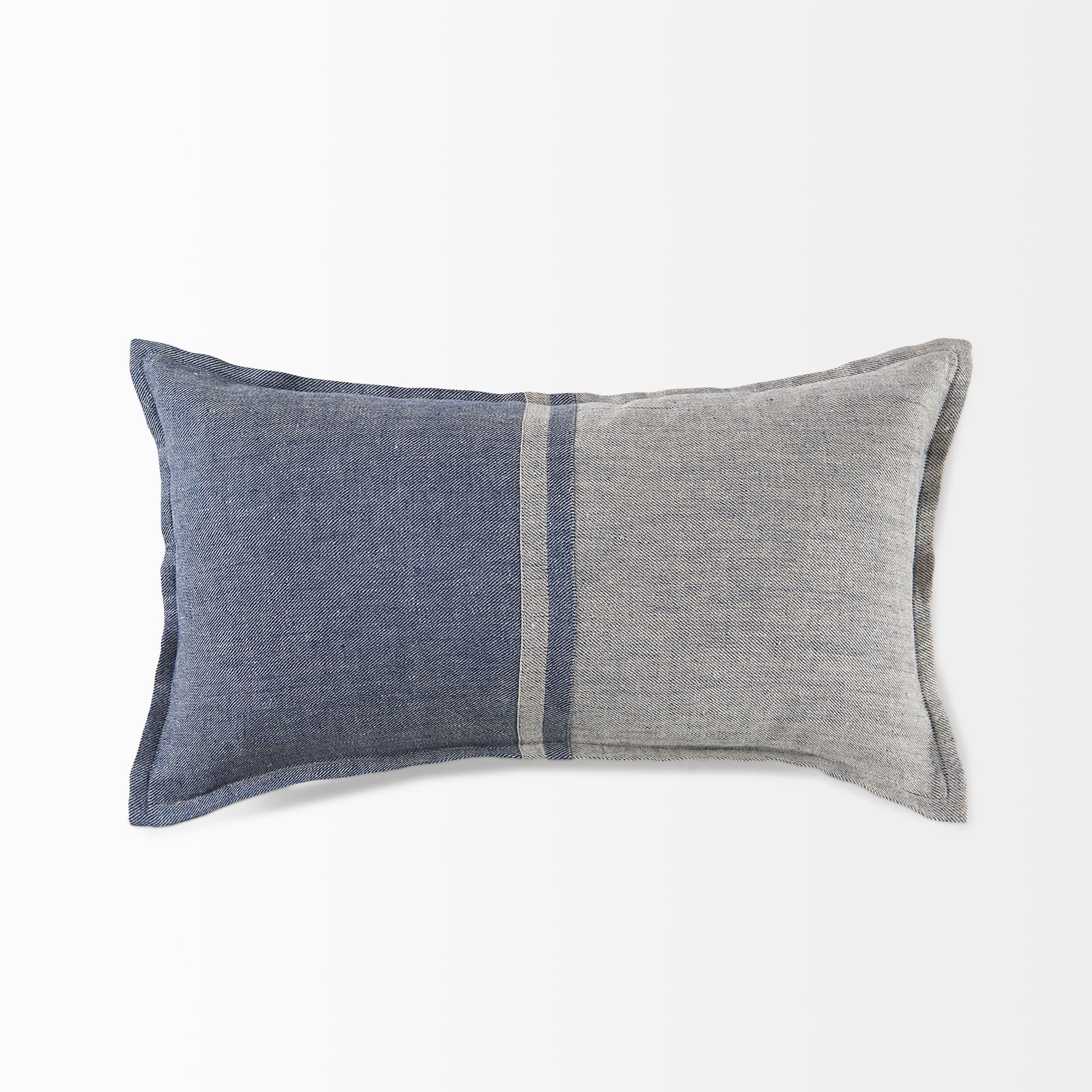 Aubrielle 14x26 Gray and Blue Fabric Color Blocked Pillow Cover — product photograph