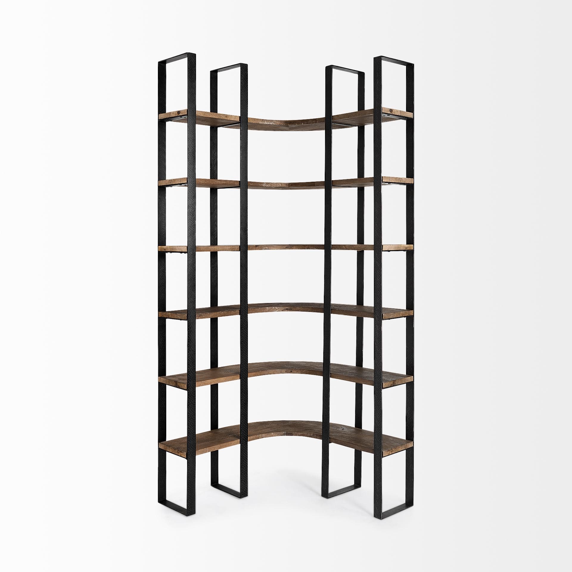 Turner II 37L x 10.5W x 90H Curved Dark Brown Wood And Black Iron Six Shelving Unit — product photograph