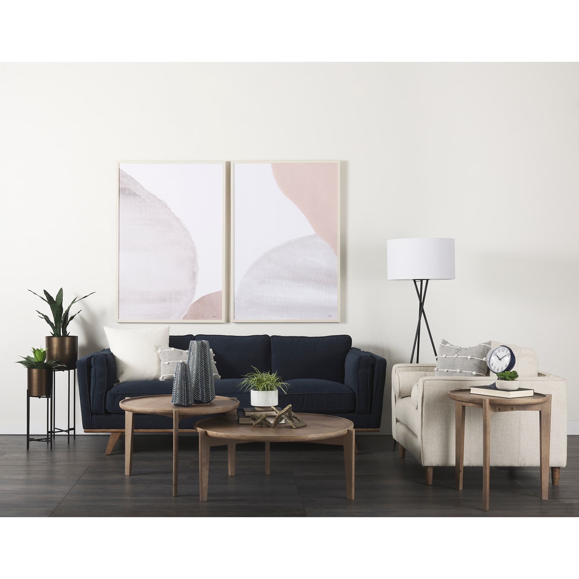 Brooks 90.2L x 34.8W x 33.5H Navy Blue Fabric Three Seater Sofa W/ Medium Brown Wooden Legs — product photograph