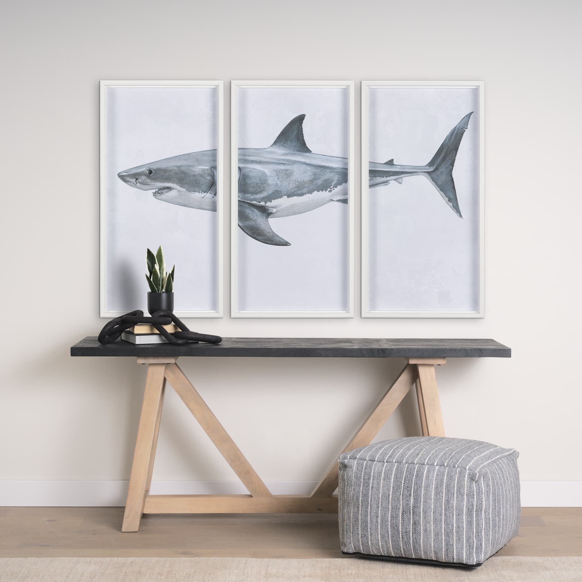 Great White Shark by Ariana a Triptych Hand Embellished Textured Framed Art Print Matted under Glass — in a styled room
