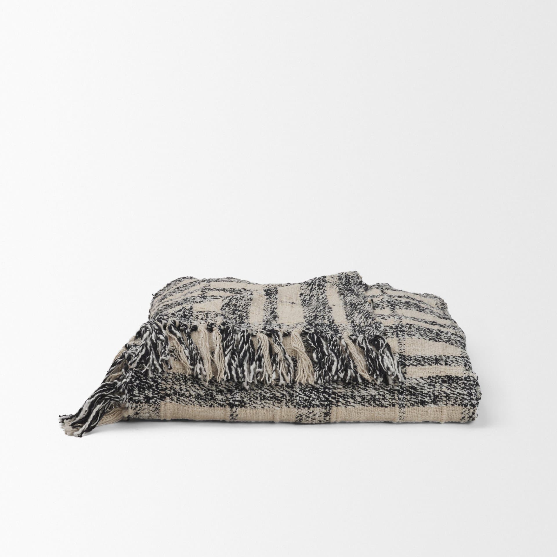 Pendle Cream w/ Woven Black Plaid Pattern Cotton Throw Blanket — product photograph
