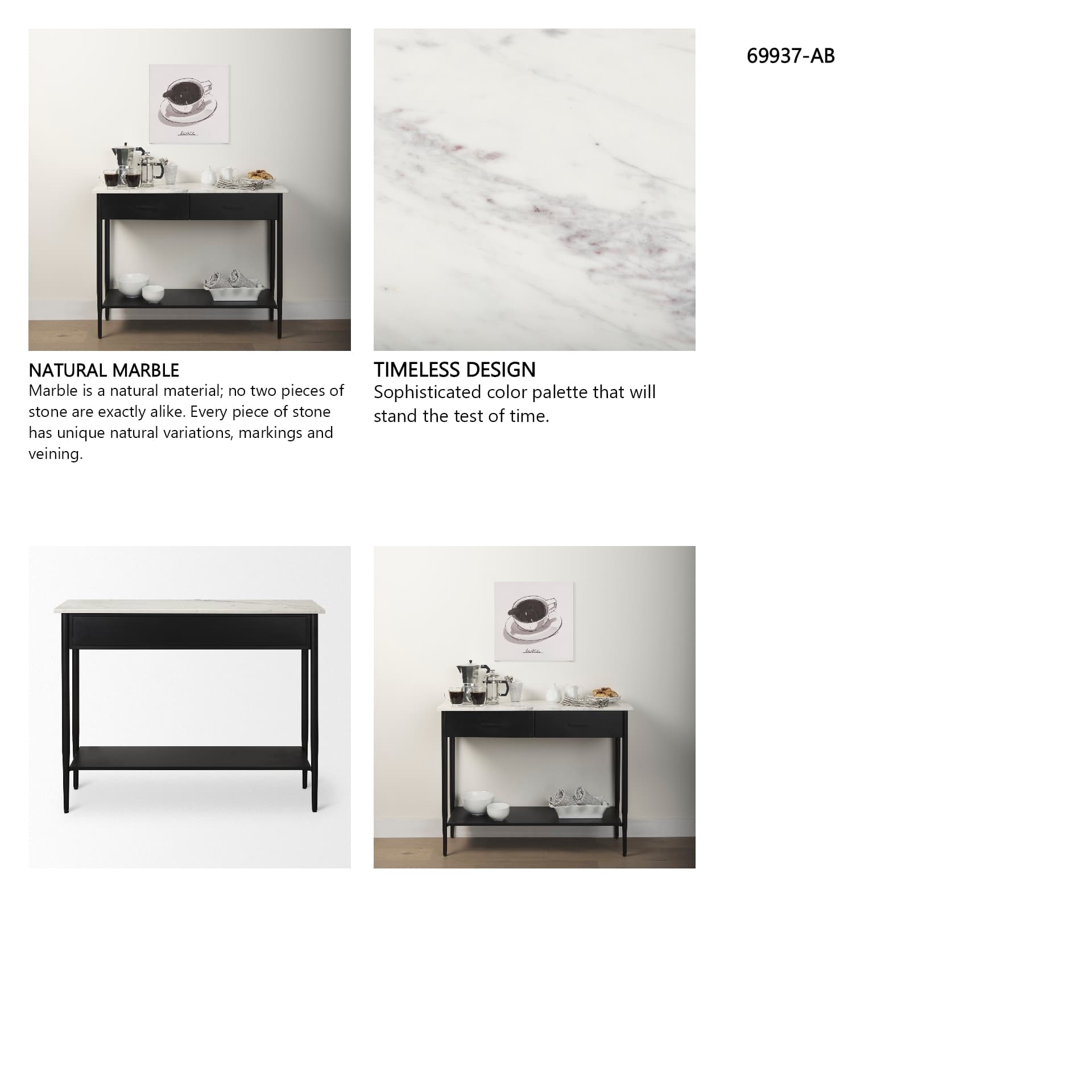 Amika White Marble Top Black Metal Base Console Table — in a styled room
