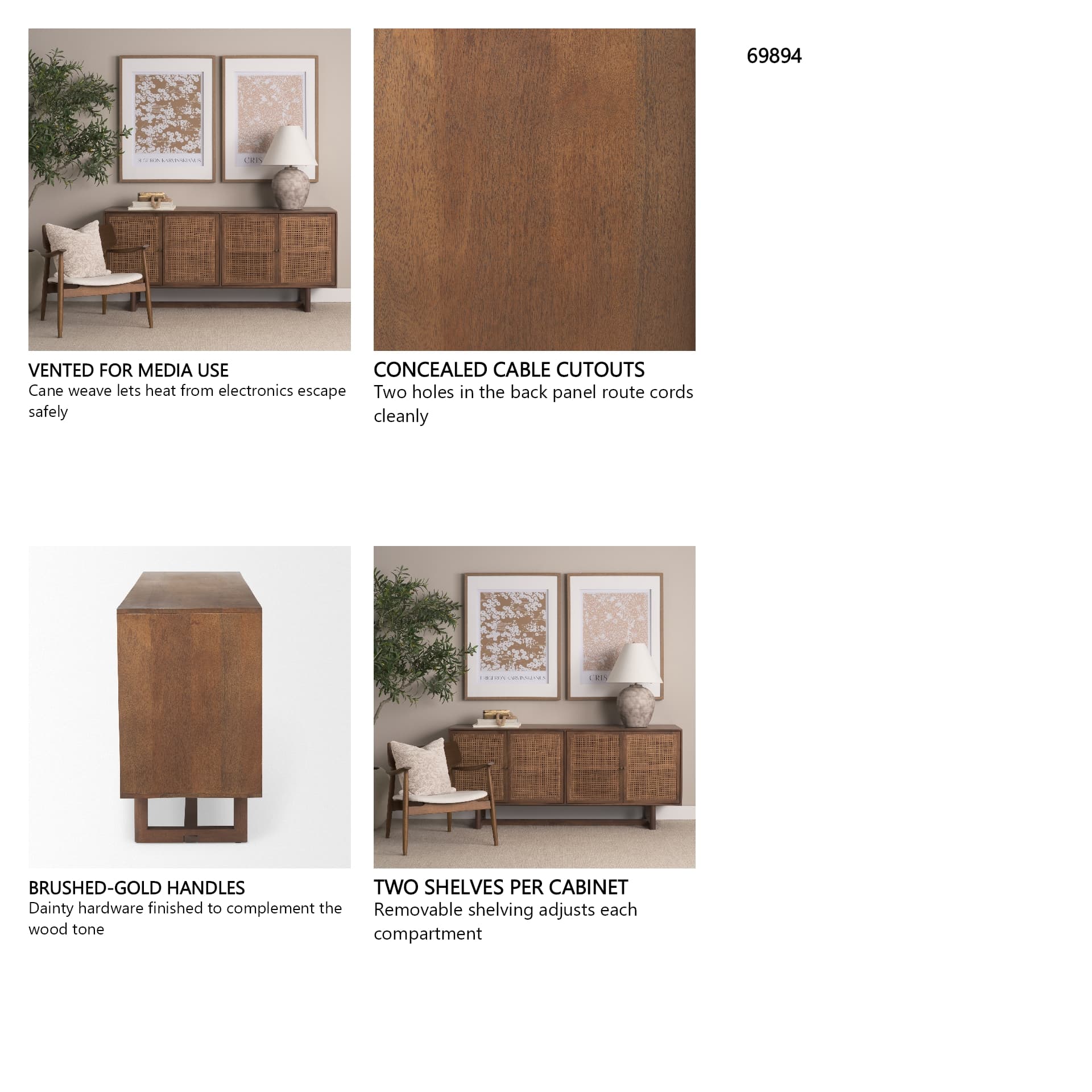 Grier Medium Brown Solid Wood W/Cane Sideboard — in a styled room