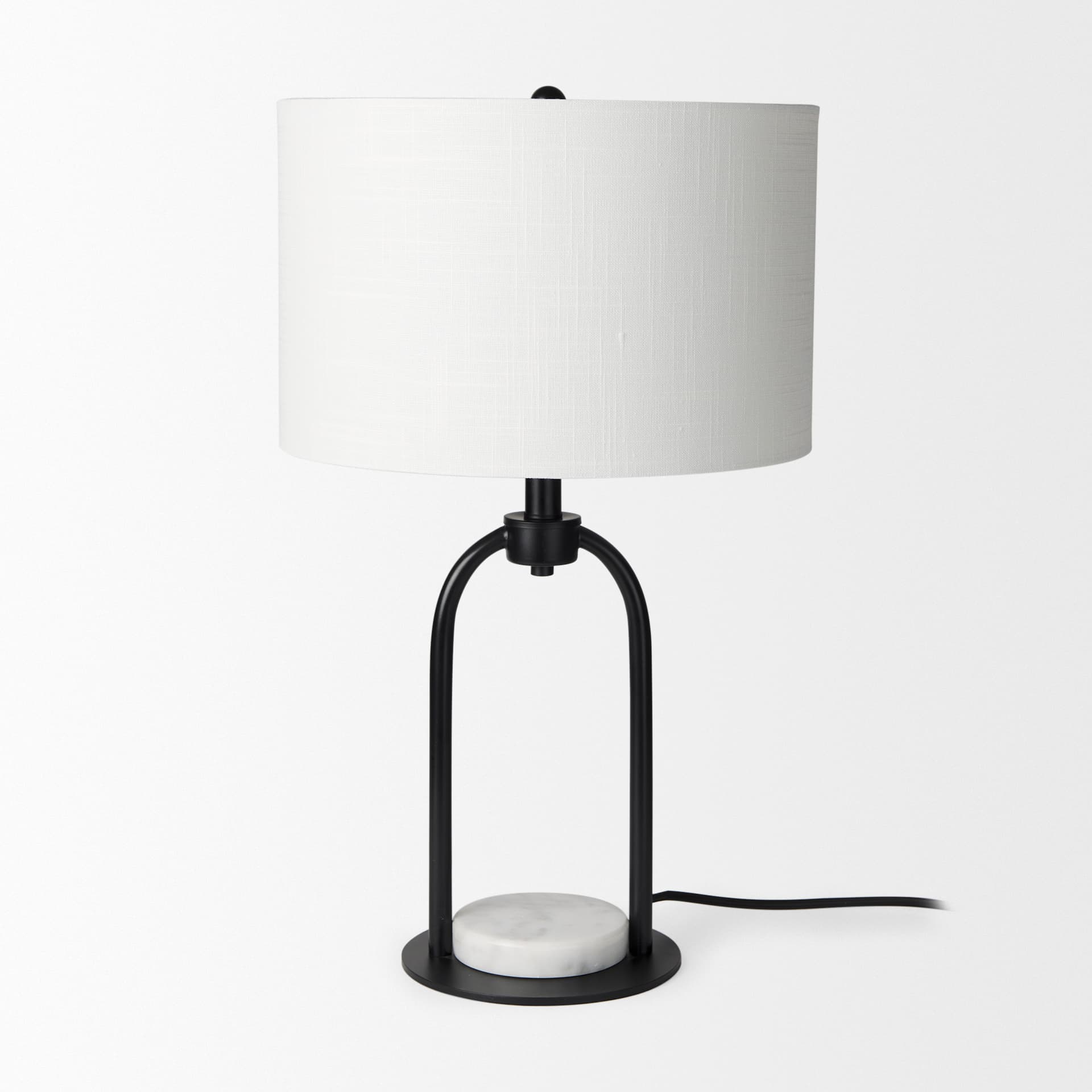 Sarah 15.0L x 10.0W x 22.2H Arched Black Metal W/Marble Cube and White Shade Table Lamp — product photograph