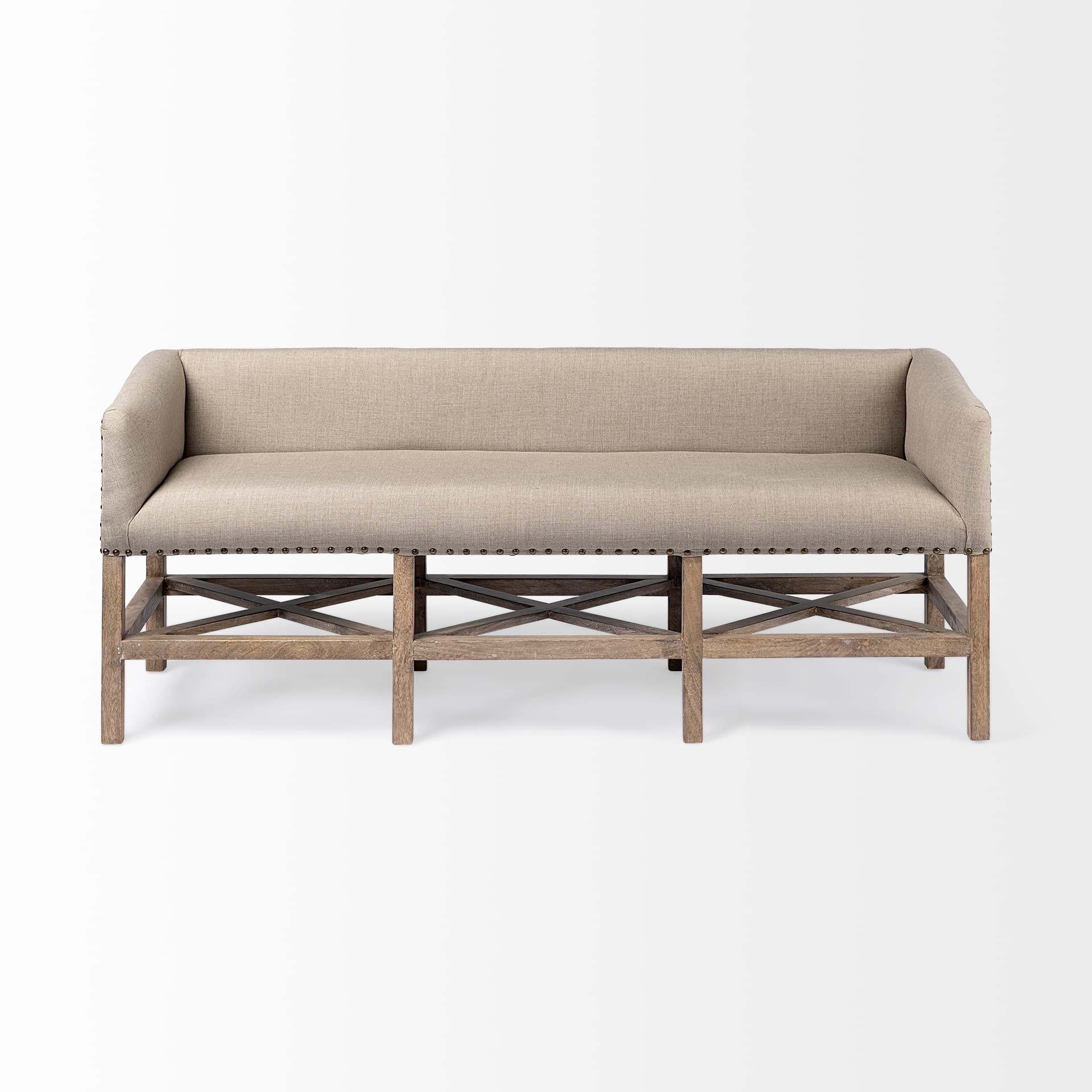 Bergen 60L x 19W Beige Fabric Covered Seat W/Brown Wood Frame Accent Bench — product photograph