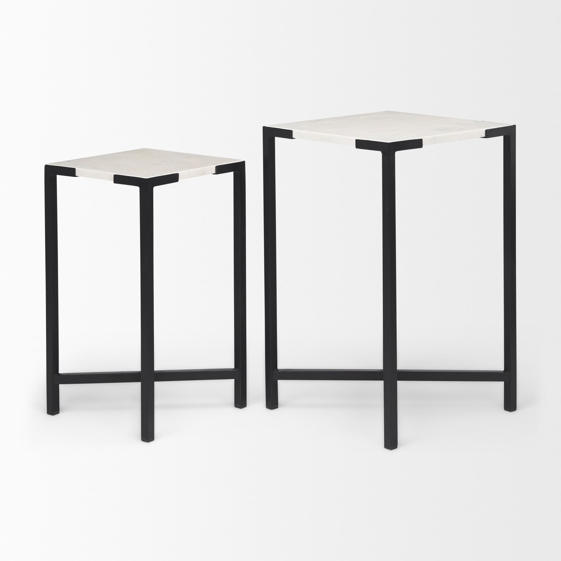Lucas III (Set of 2) 15L x 15W; 12L x 12W White Marble W/Black Iron Frame Accent Tables — product photograph