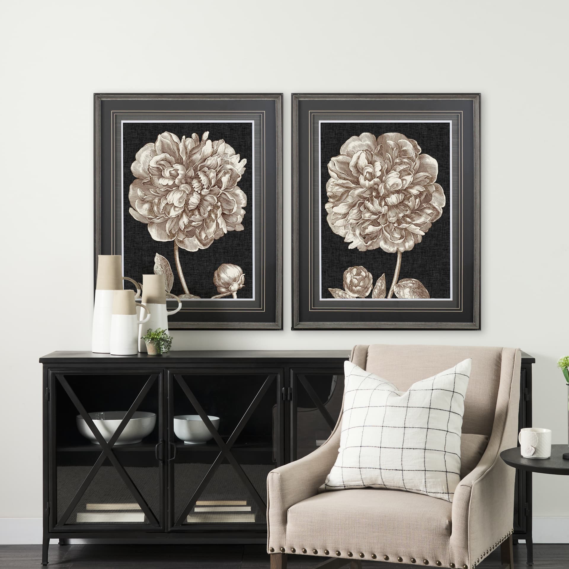 Dramatic Peony II by Vision Studio a Hand Embellished Textured Framed Art Print Matted under Glass — in a styled room