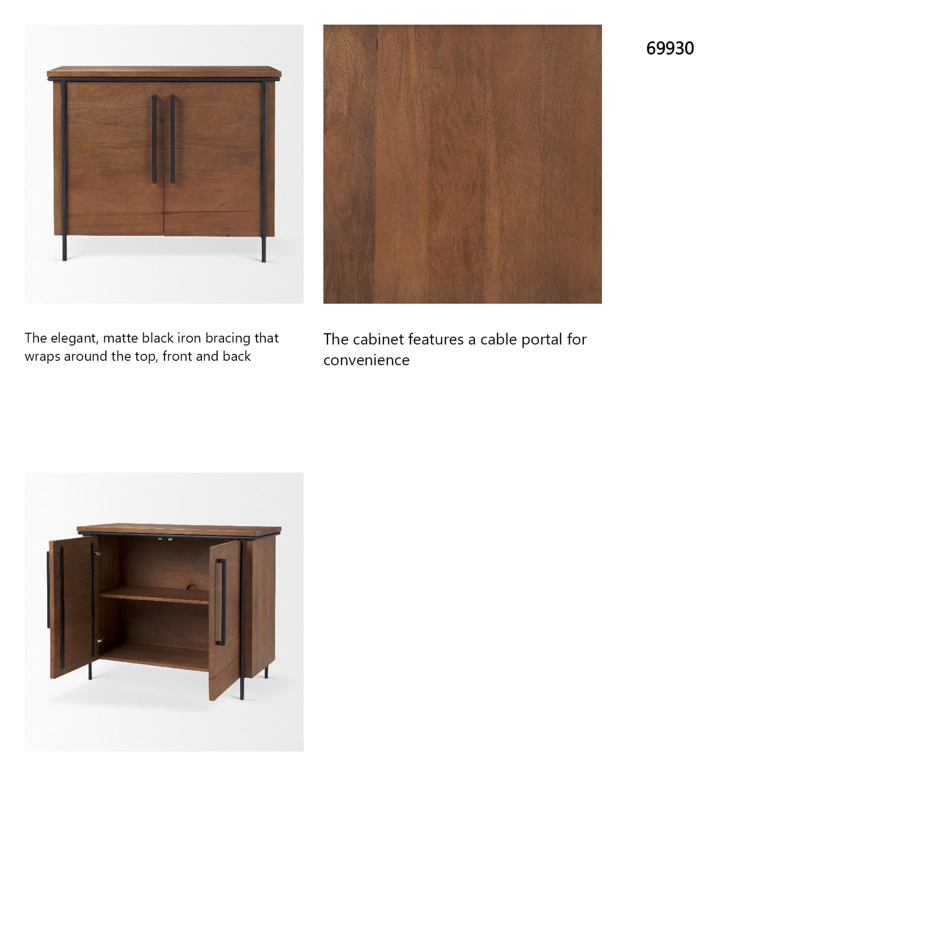 Maddox 40.0L x 18.5W x 32.75H Brown Solid Wood Black Metal 2 Door Accent Cabinet — in a styled room