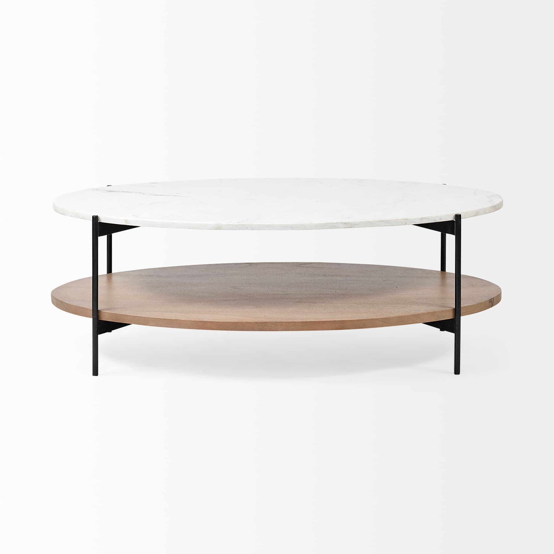 Larkin 48" Oval White Marble Top and Solid Wood Shelf w/ Black Metal Frame Coffee Table — product photograph