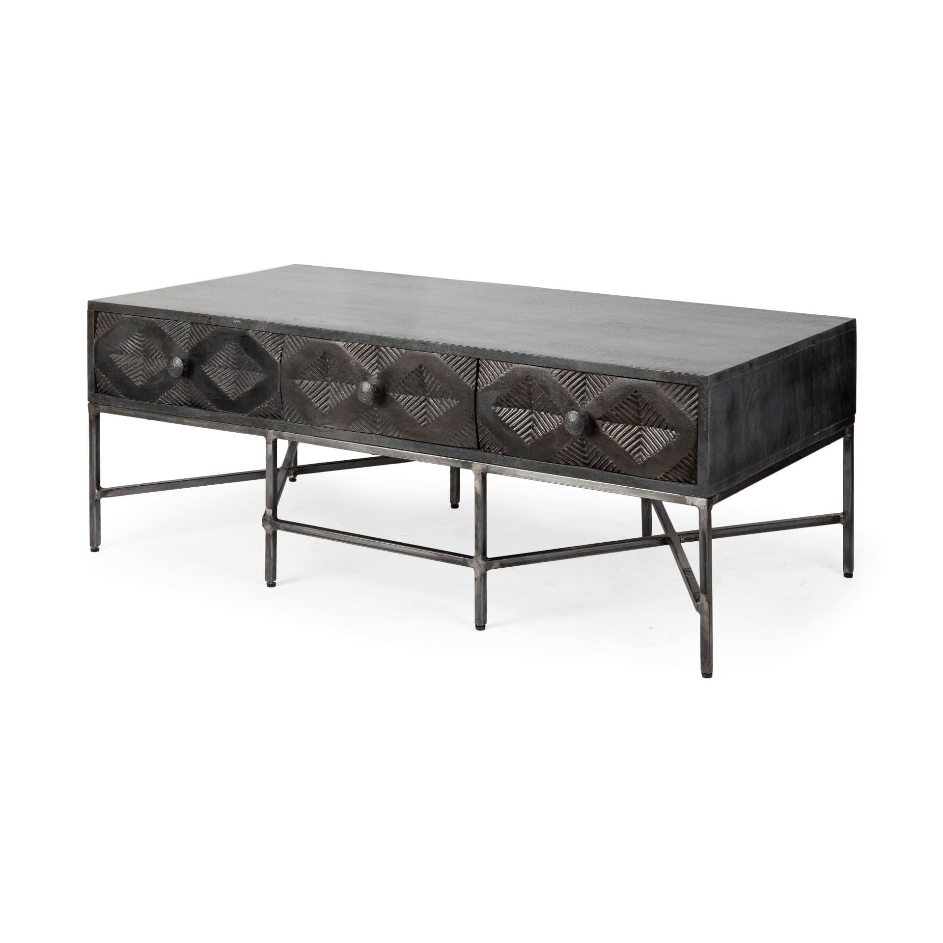 Hogarth 48x24 Rectangular Brown Solid Wood Top Iron Metal Base w/6 Drawers Coffee Table — product photograph