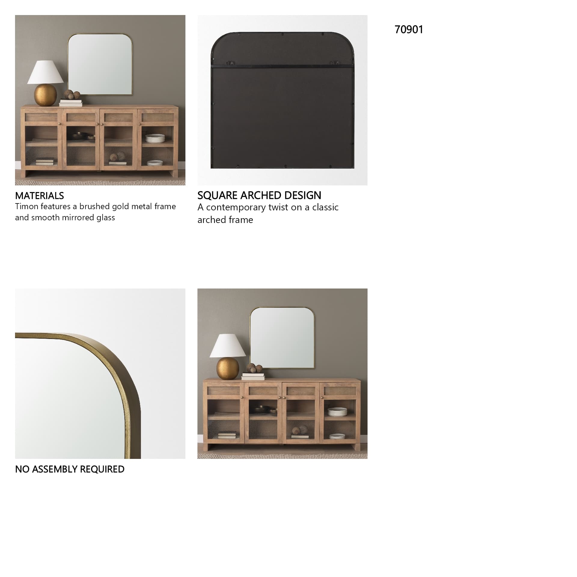 Timon Brushed Gold Square Arched Mirror — in a styled room
