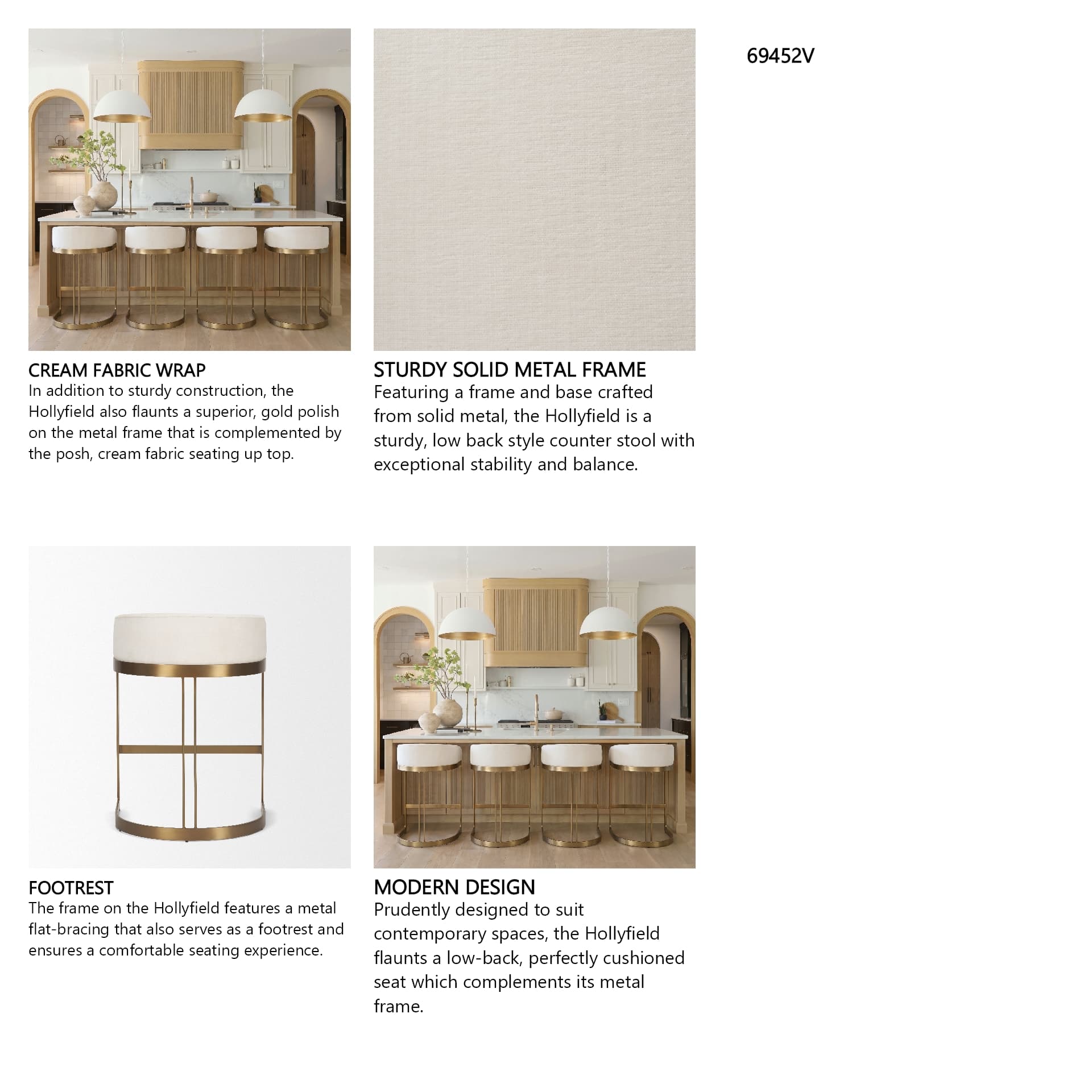 Hollyfield Low Back 24.75in Seat Counter Stool | Cream Fabric w/ Metal — product photograph
