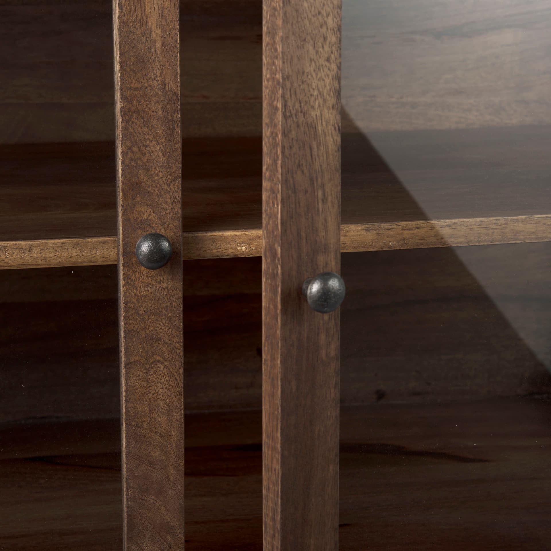 Arelius 36L x 18W x 32H Medium Brown Wood, Black Metal Base w/ 2 Glass Doors Accent Cabinet — product photograph