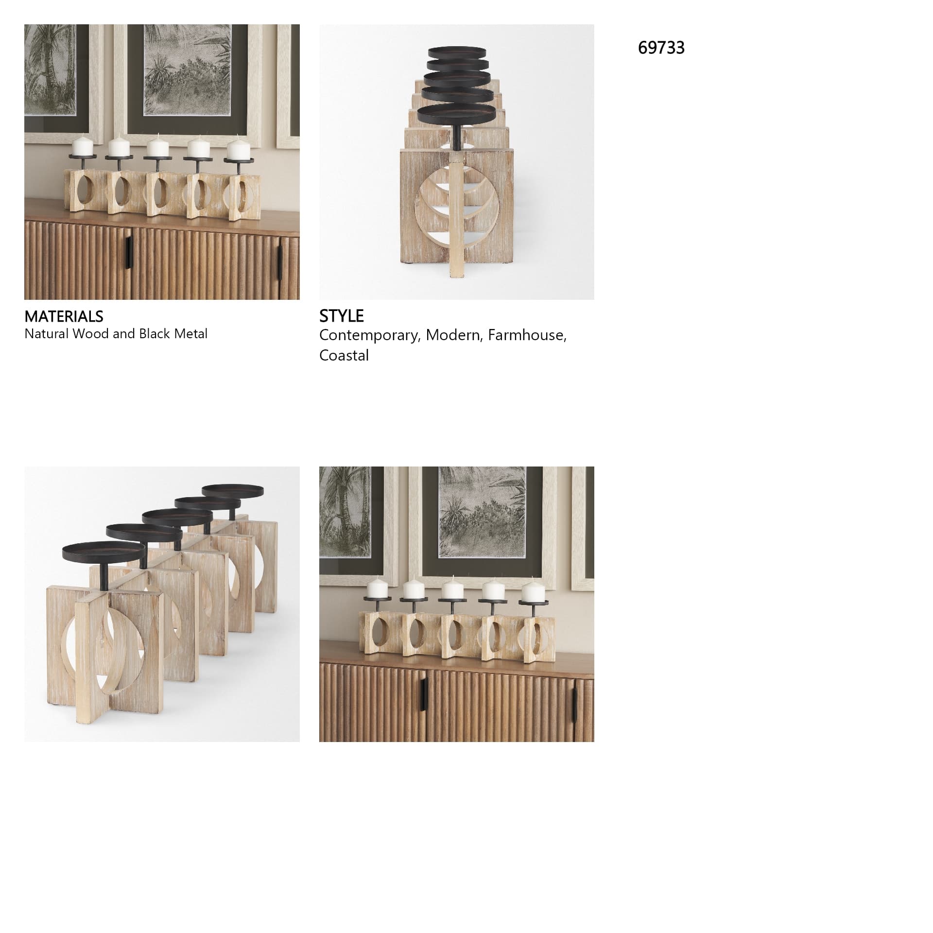 Cambie 29.0L x 6.0W x 9.0H Natural Wood W/Black Metal Candle Holders — in a styled room