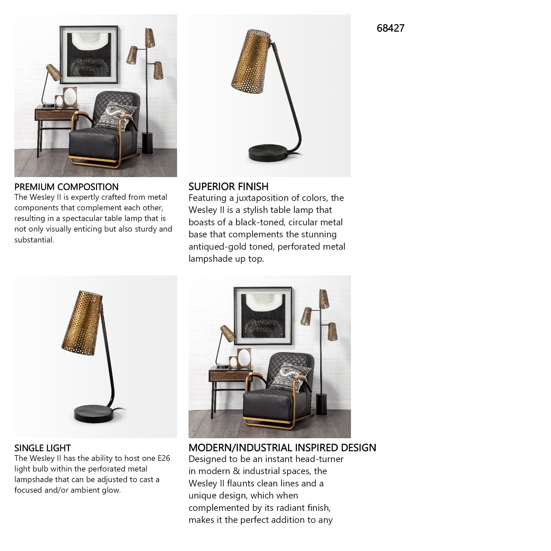Wesley II (22.4"H) Gold/Black Perforated Metal Shade Table Lamp — in a styled room