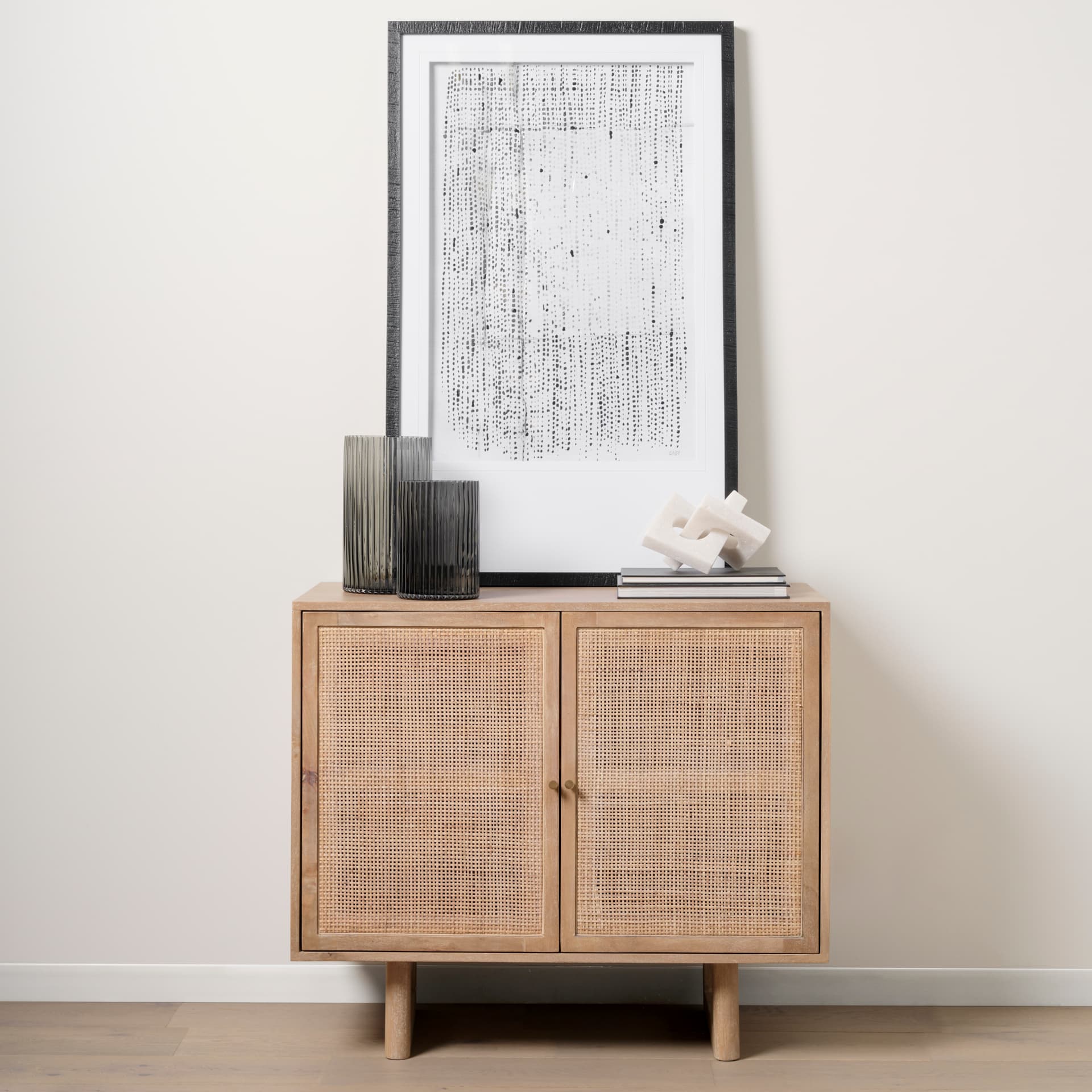 Grier 36" Light Brown Wood w/ Cane 2 Door Accent Cabinet — in a styled room