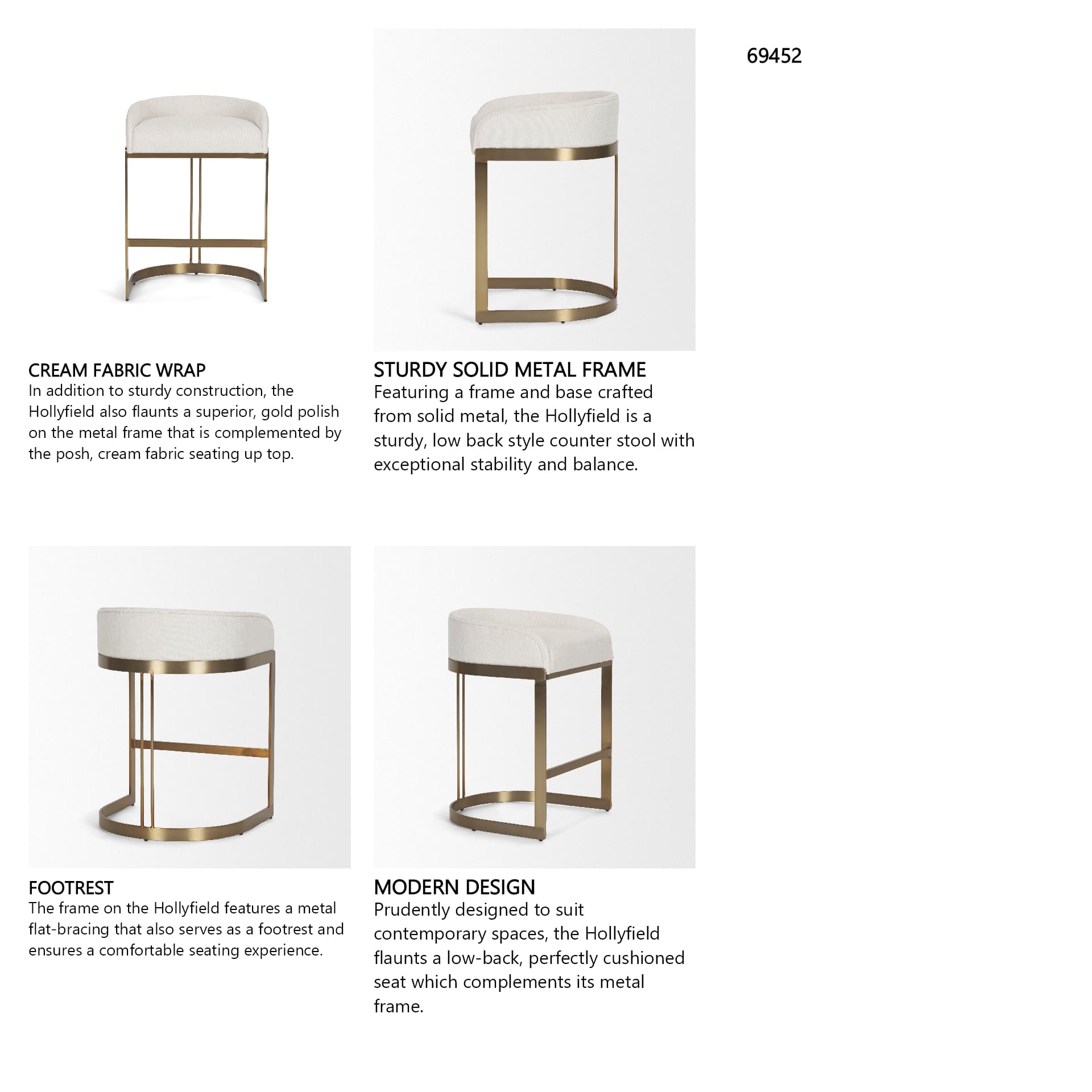 Hollyfield Low Back 28.7in Seat Bar Stool | II Cream Fabric w/ Counter — product photograph