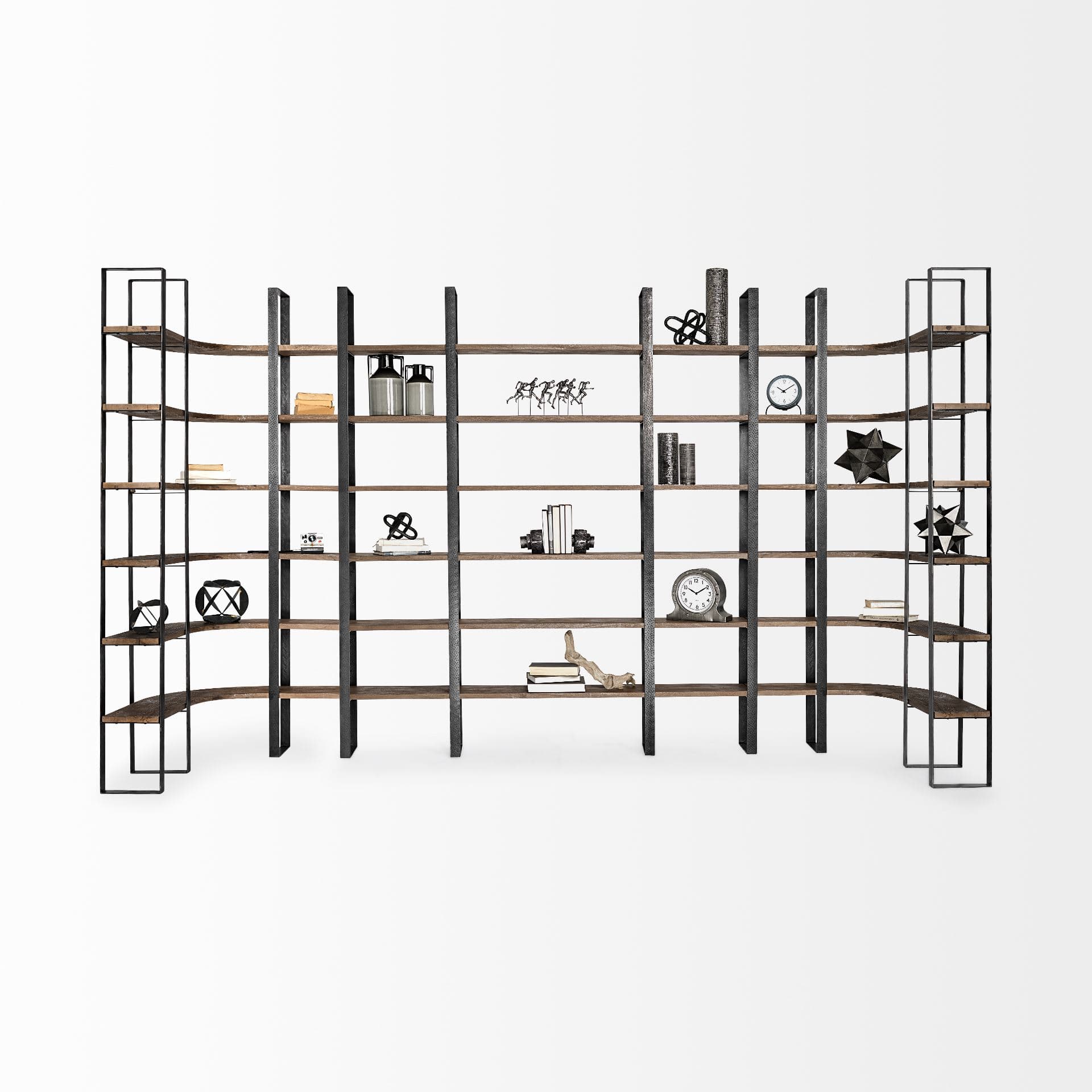 Taunton II 80L x 10.5W x 90H Dark Brown Wood And Black Iron Six Shelving Unit — product photograph