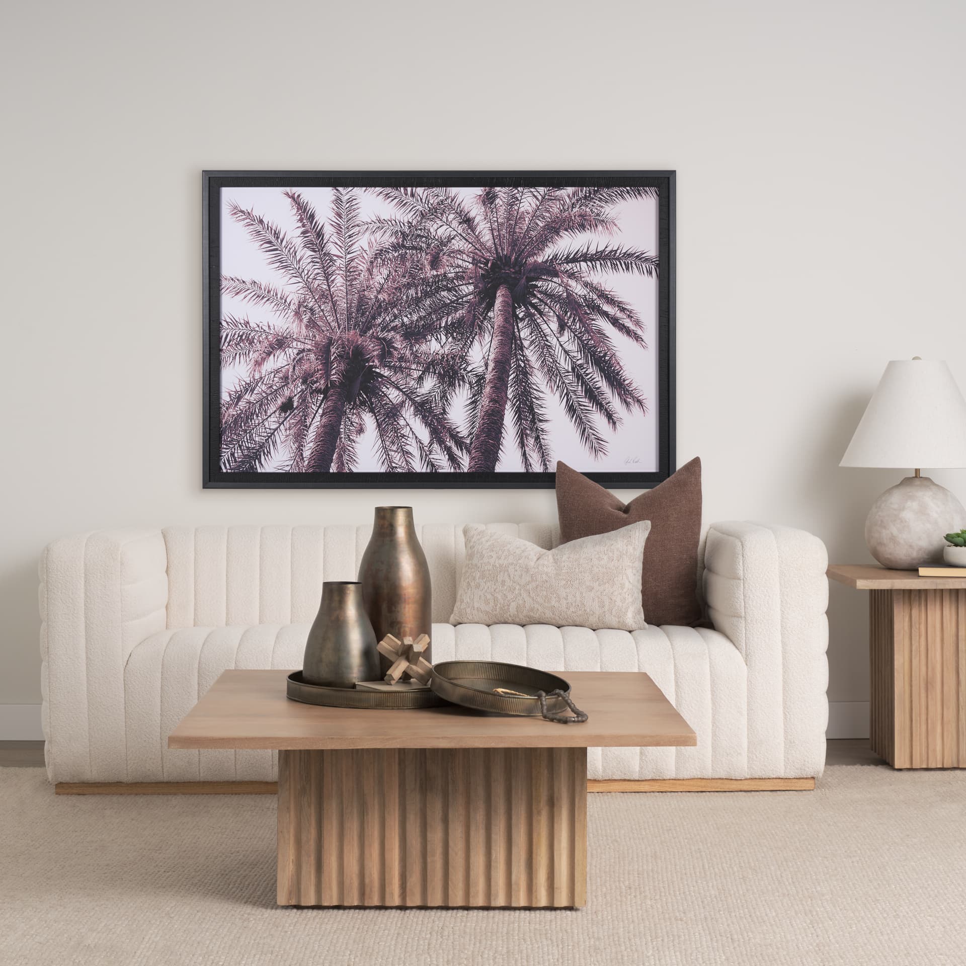 Pink Palms Horizontal by Deborah Revell a Framed Photo Art Print Matted under Glass — in a styled room