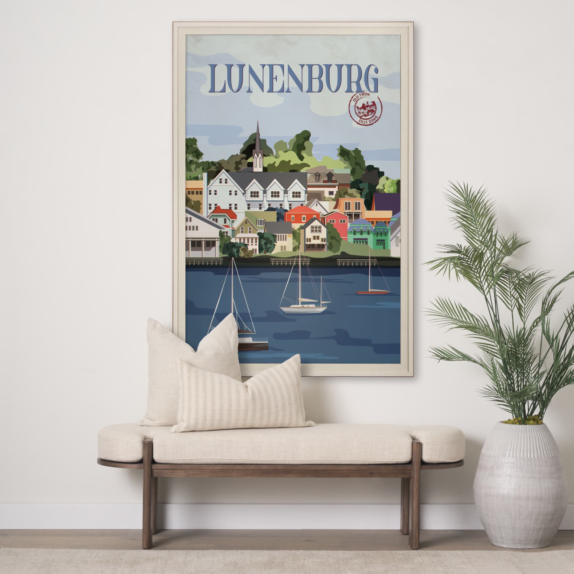 Lunenburg Go Canada (XL) by Mercana Studio a Hand Embellished Decograph Framed Art Print under Glass — in a styled room