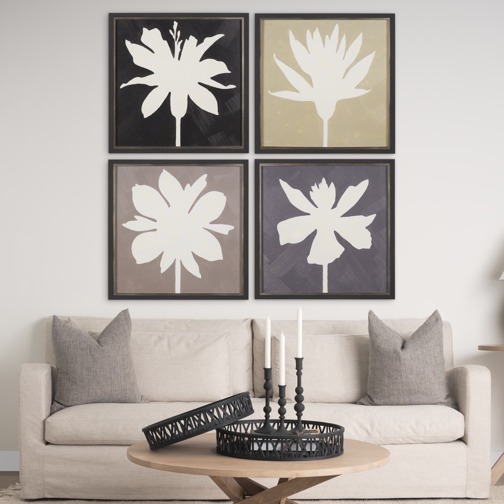 Floral Silhouettes I by Liz Jardine a Hand Embelished Textured Framed Art Print — in a styled room
