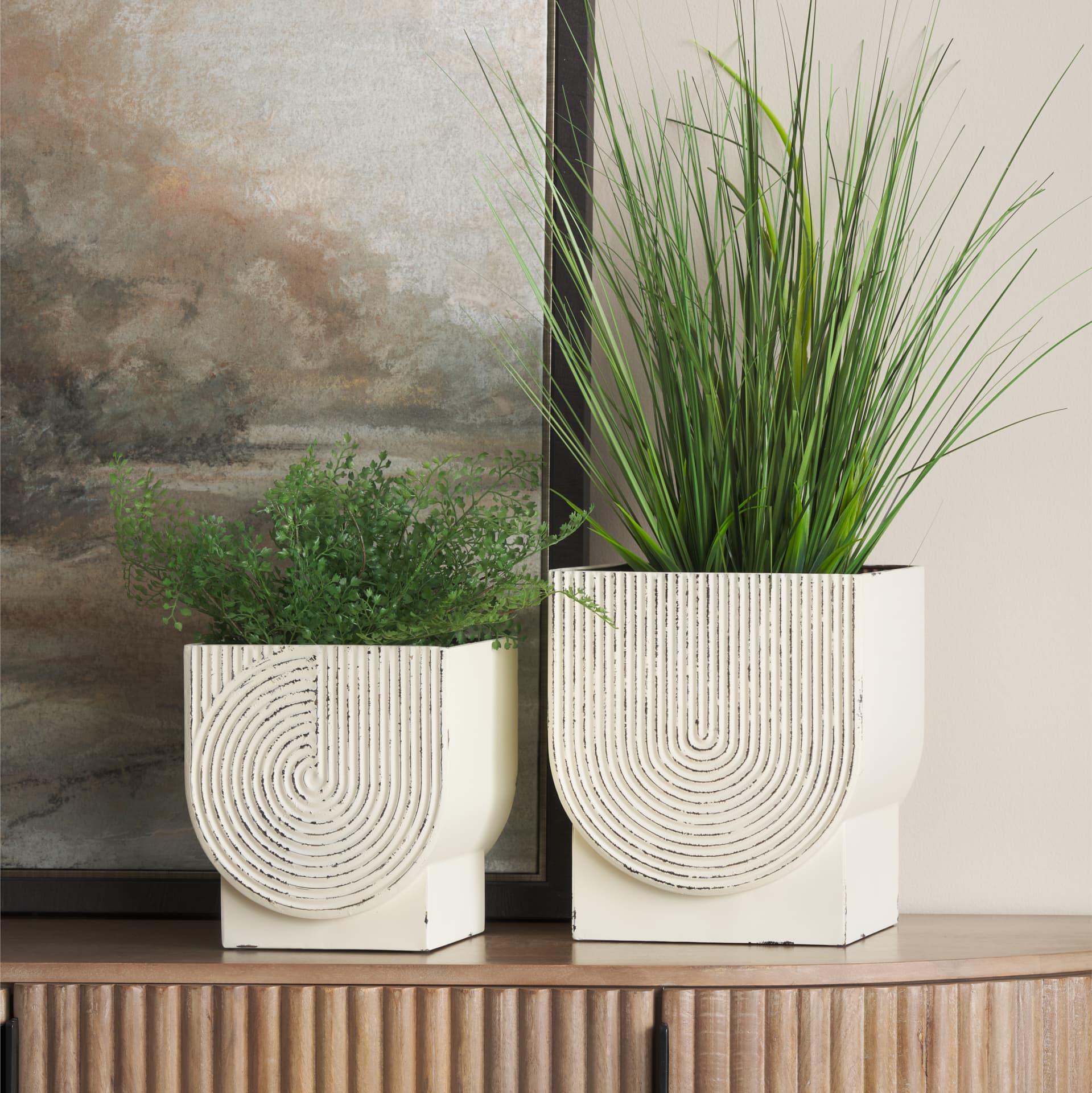 Medina Off White w/ Gold Antiquing Metal Planters (Set of 2) — in a styled room
