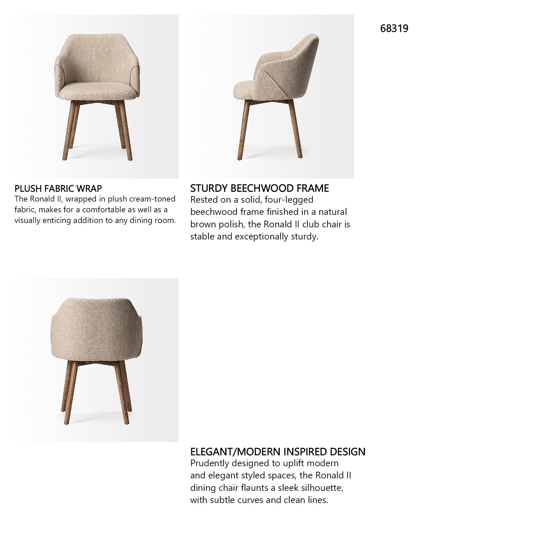 Ronald Curved Back Dining Side Chair | Cream Fabric w/ Brown Wood — in a styled room