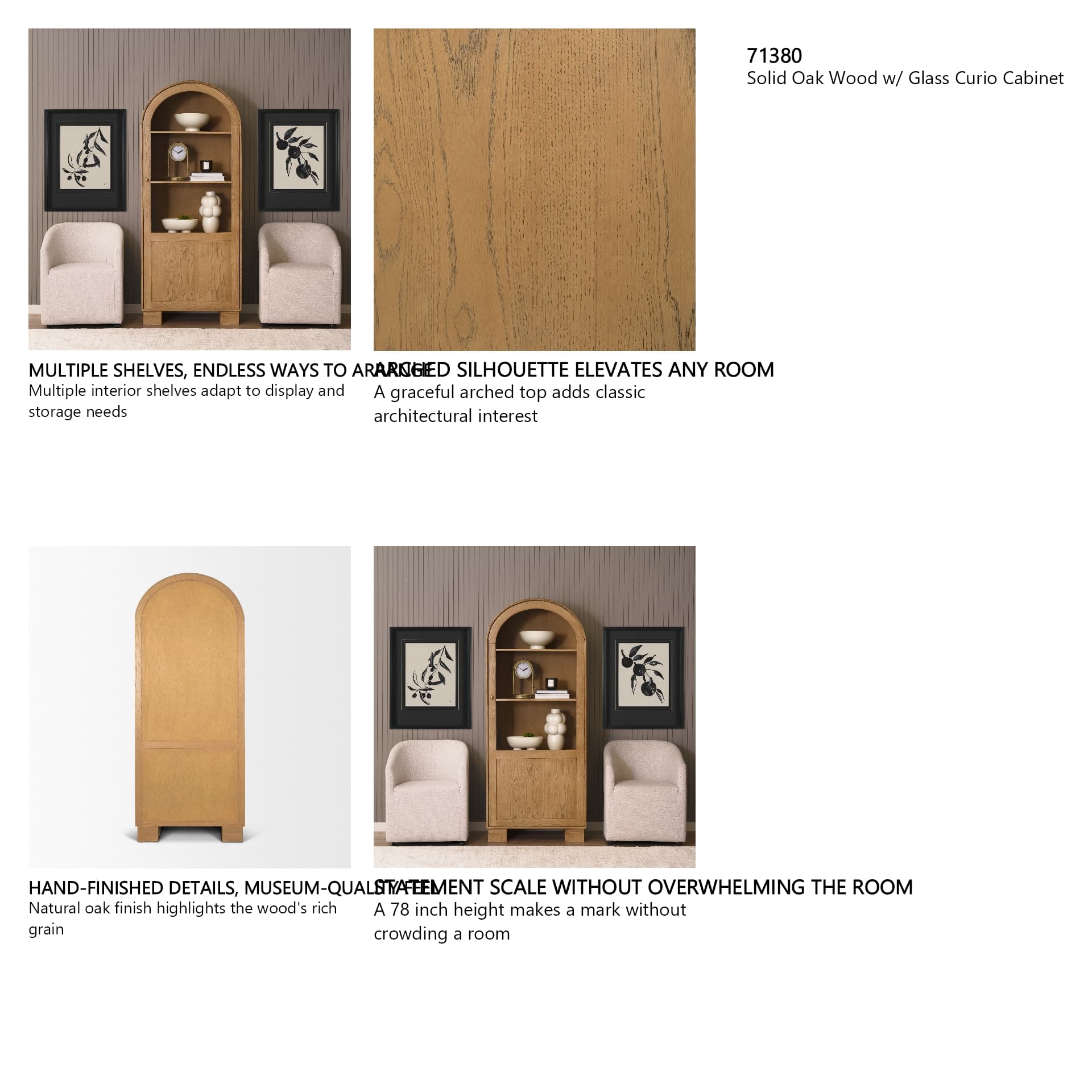 Hawthorne Solid Oak Wood w/ Glass Curio Cabinet — product photograph