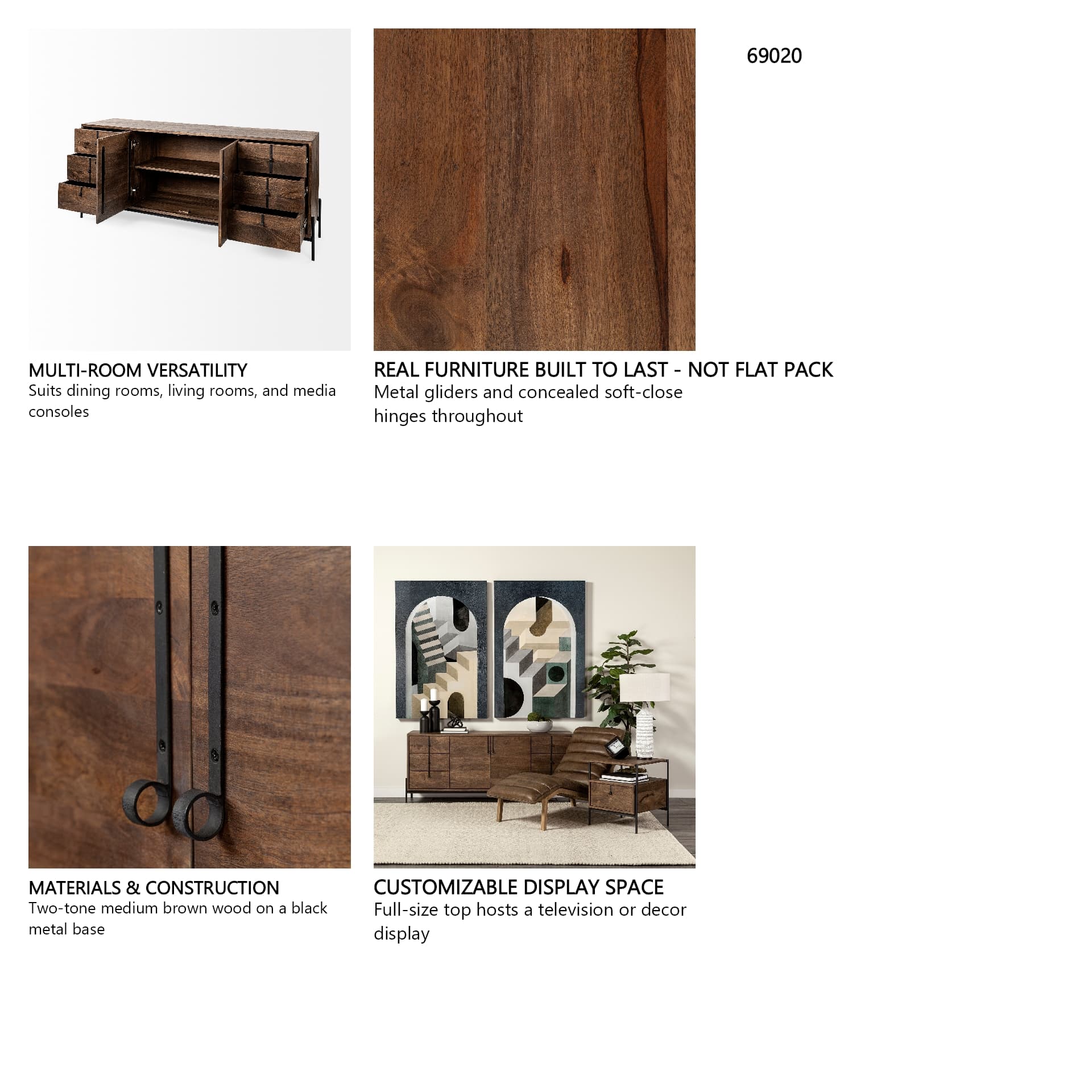 Glenn VI 71.5x18 Dark Brown Wood Frame w/ Black Iron Accent, 6 Drawer, 2 Door Cabinet Sideboard — in a styled room