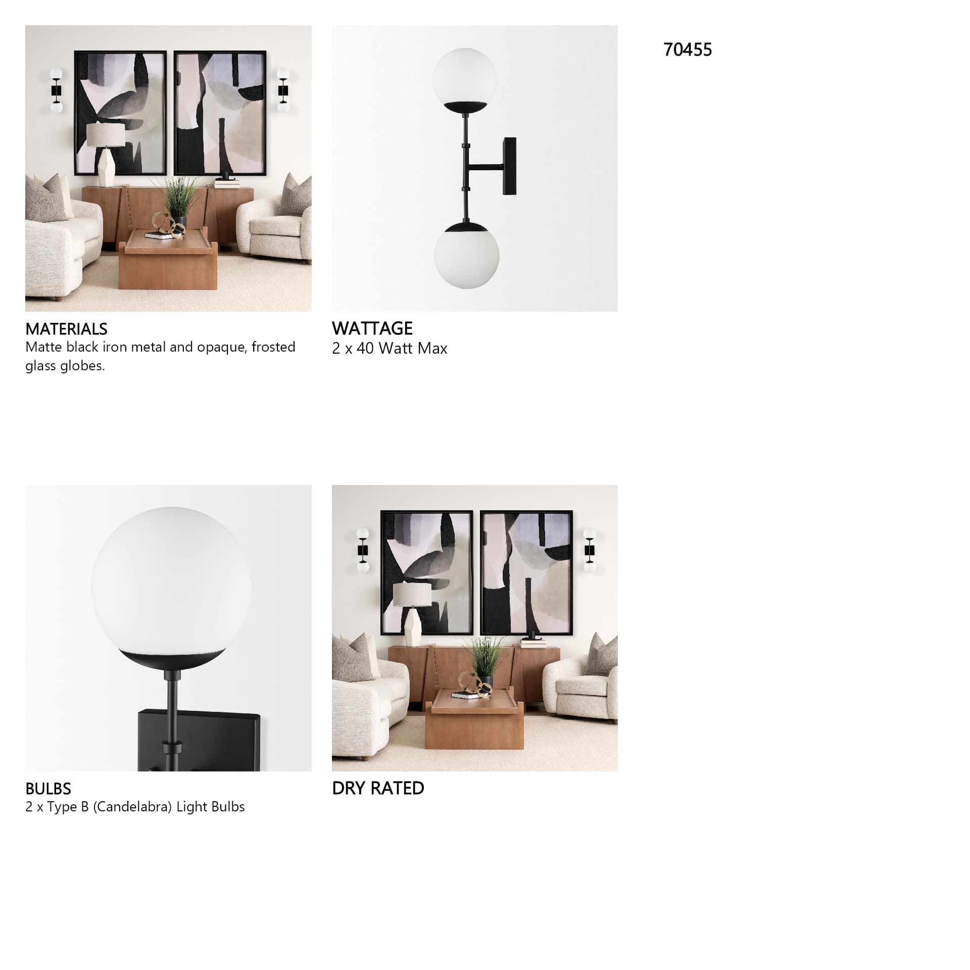 Edie Matte Black Metal w/ Frosted Glass Globes 2-Light Wall Sconce — in a styled room