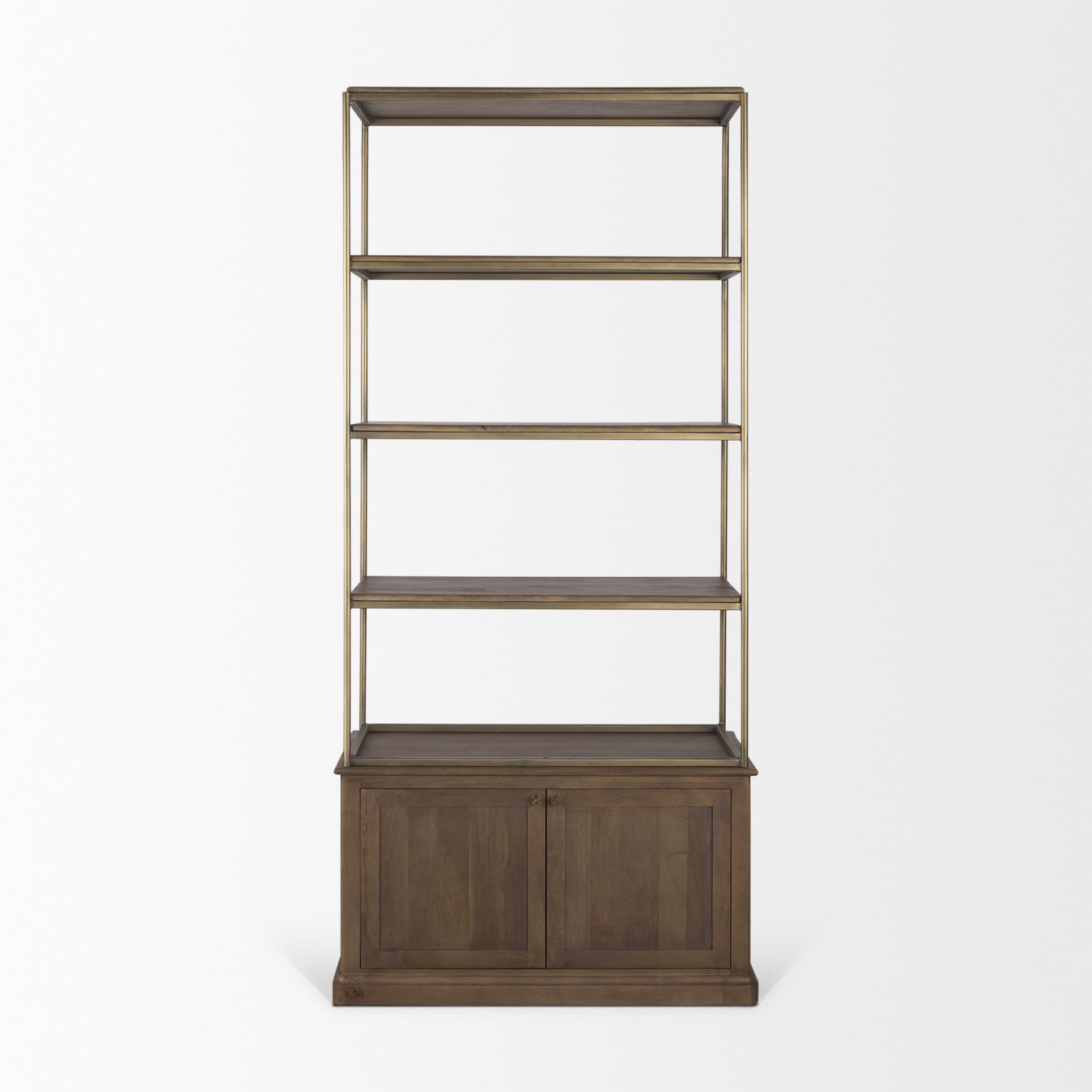Baron Dark Brown Wood w/ Antiqued Aged Brass Metal 2-Door Open Shelving Unit — product photograph