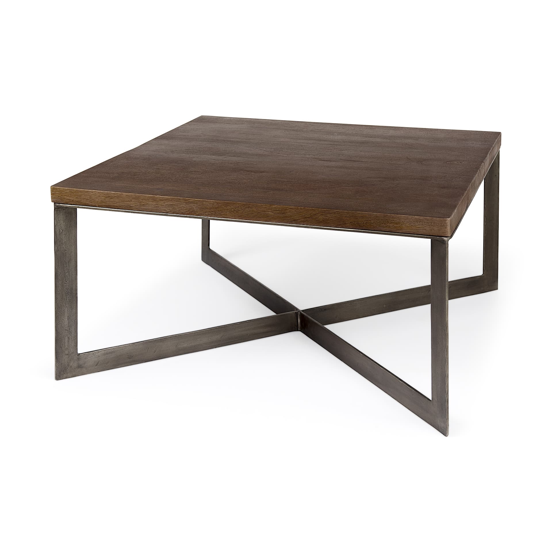 Faye 34L x 34W x 17H Medium Brown Wood W/Antique Nickel Metal Base Square Coffee Table — product photograph