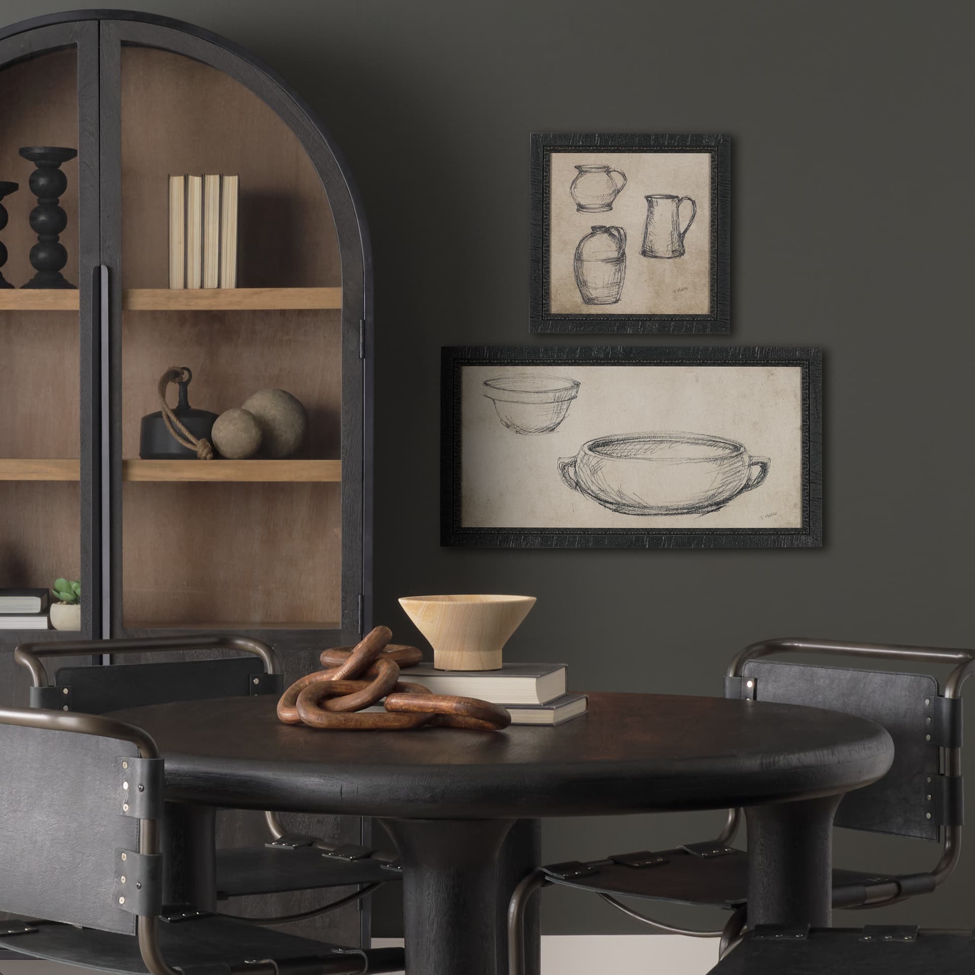 Vintage Tableware Sketch (Set of 2) by Mercana Studio Hand Embelished Textured Framed Canvas Matted — in a styled room