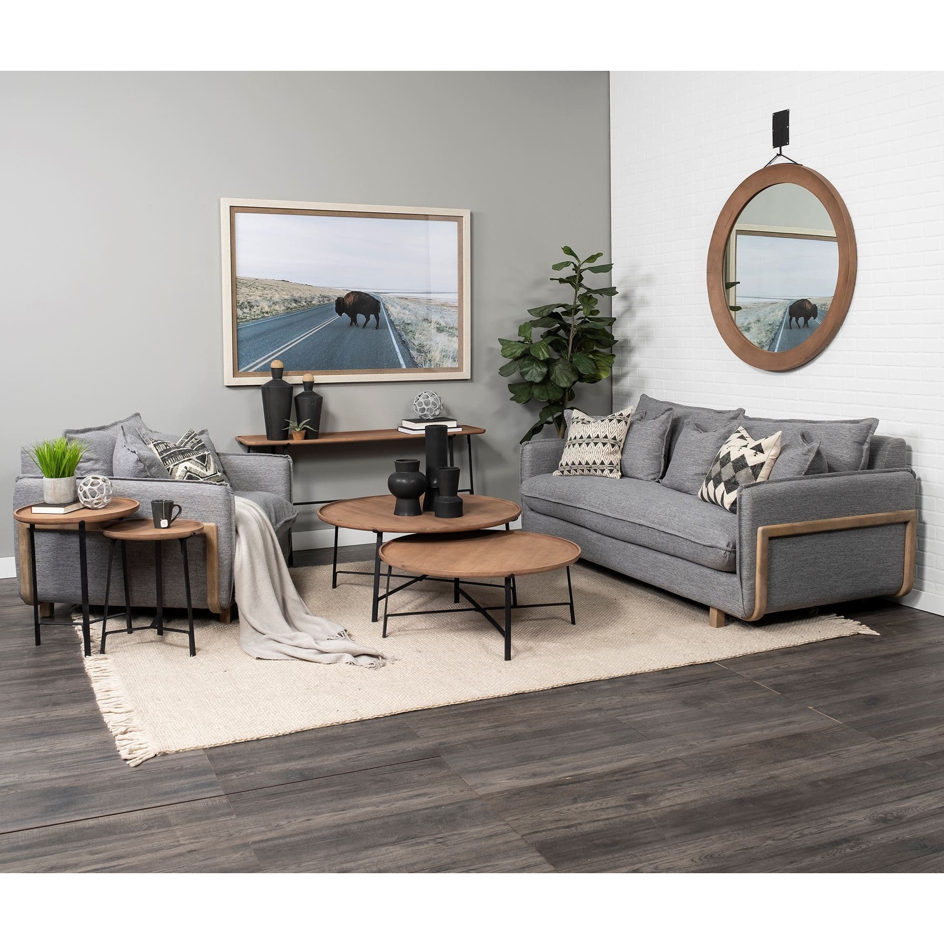 Helios (Set of 2) Brown Solid Wood Top Black Metal Base Nesting Coffee Tables — in a styled room