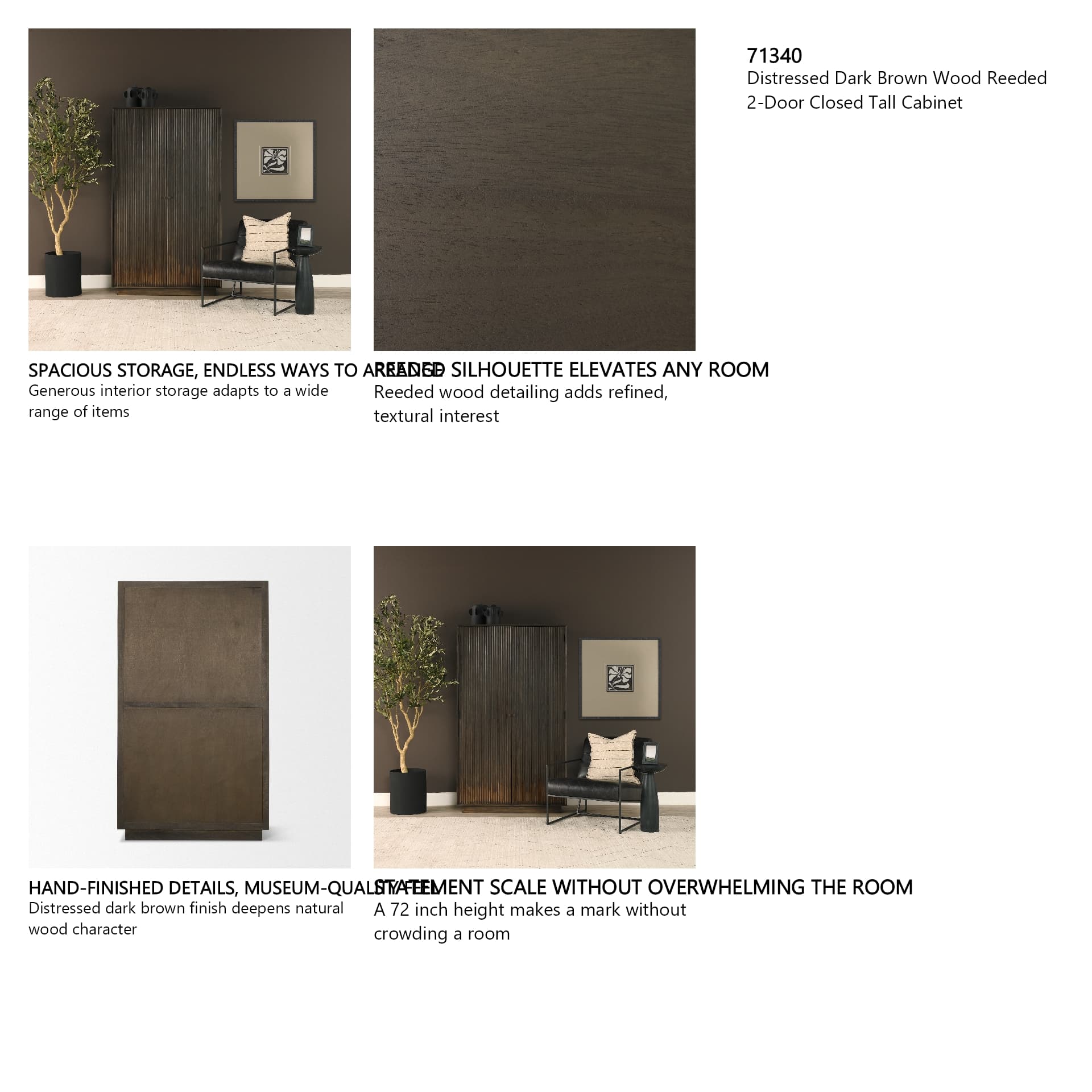 Cinder Distressed Dark Brown Wood Reeded 2-Door Closed Tall Cabinet — in a styled room