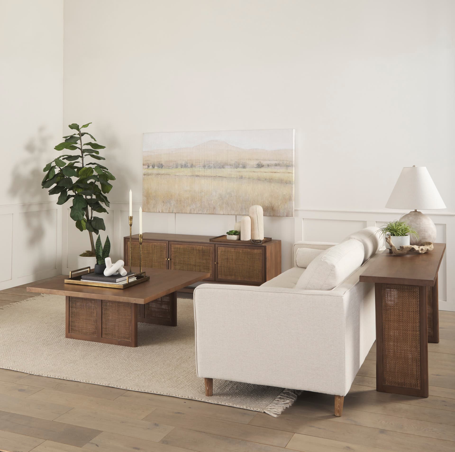 Grier 42" Square Medium Brown Solid Wood w/ Cane Coffee Table — product photograph