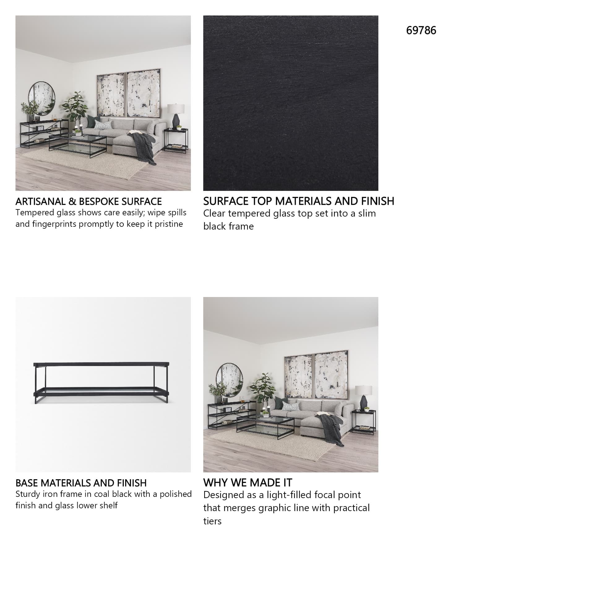 Trey 56"L x 32"W x 17"H Black Metal W/Glass Coffee Table — in a styled room