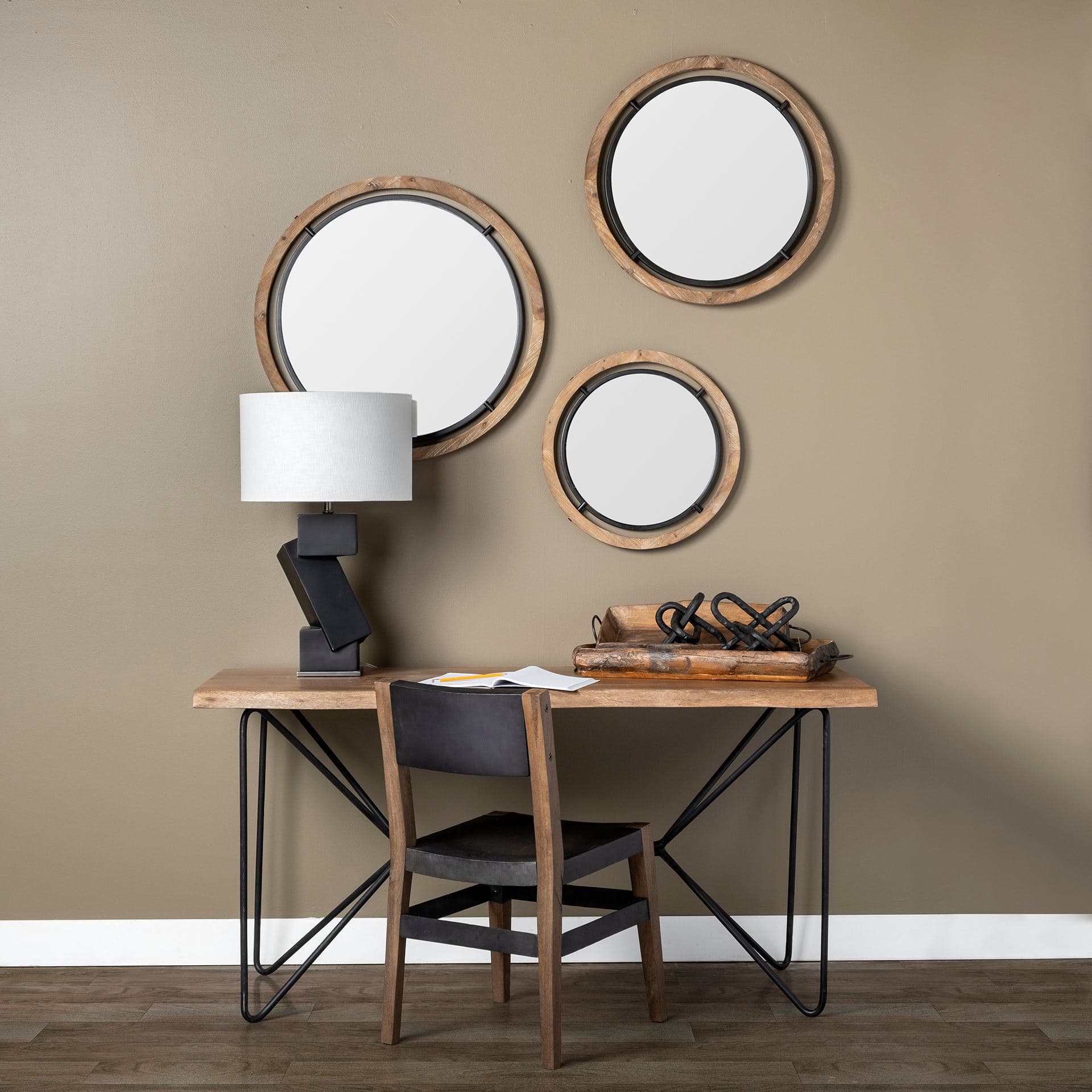 Josi 28" Brown Wood and Black Metal Frame Mirror — product photograph