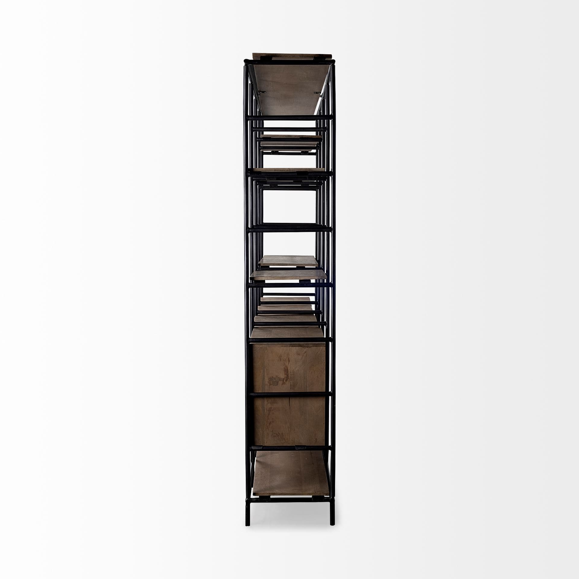 Darius 82L x 16.5W x 90H Medium Brown Wood and Metal Multi-Shelf Shelving Unit — product photograph