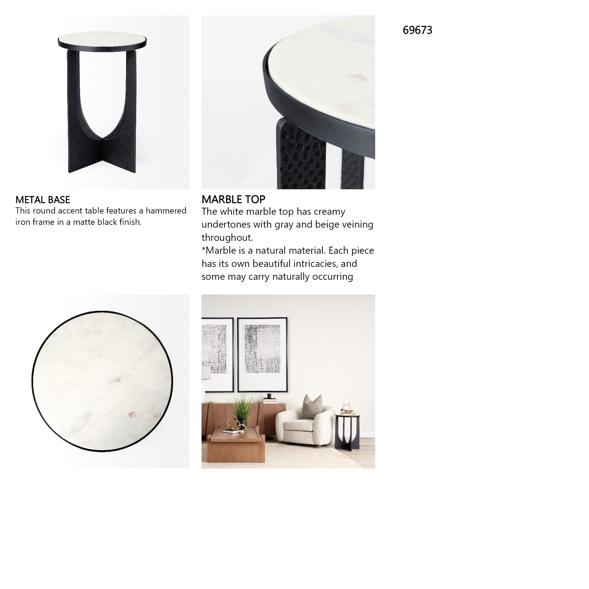 Patrick 23"H White Marble Top w/ Matte Black Metal Accent Table — in a styled room