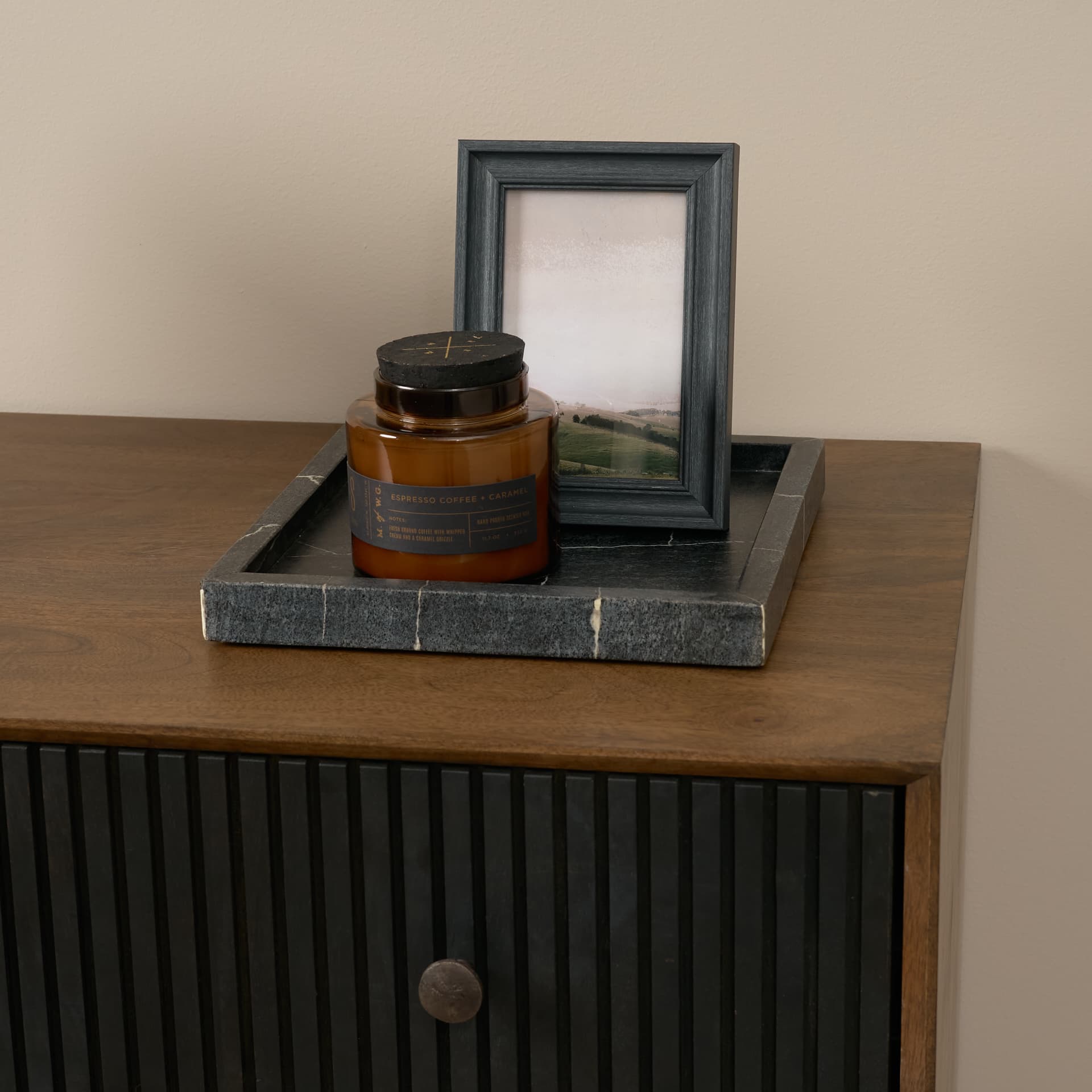 Grace 35.5L x 18.0W x 31.0H Medium Brown Wood W/Black Metal Frame 3 Drawer Accent Cabinet — product photograph