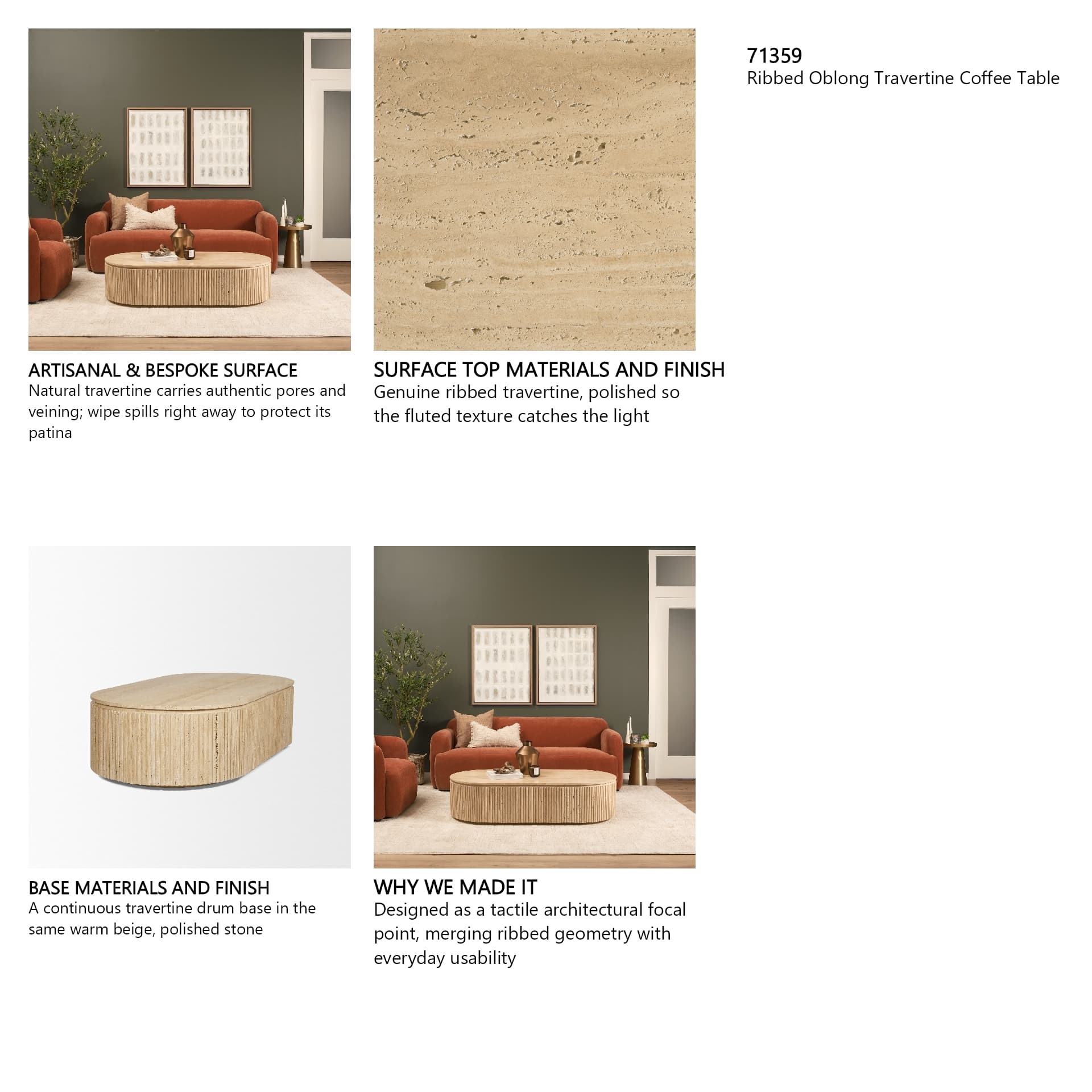 Elara Ribbed Oblong Travertine Coffee Table — in a styled room