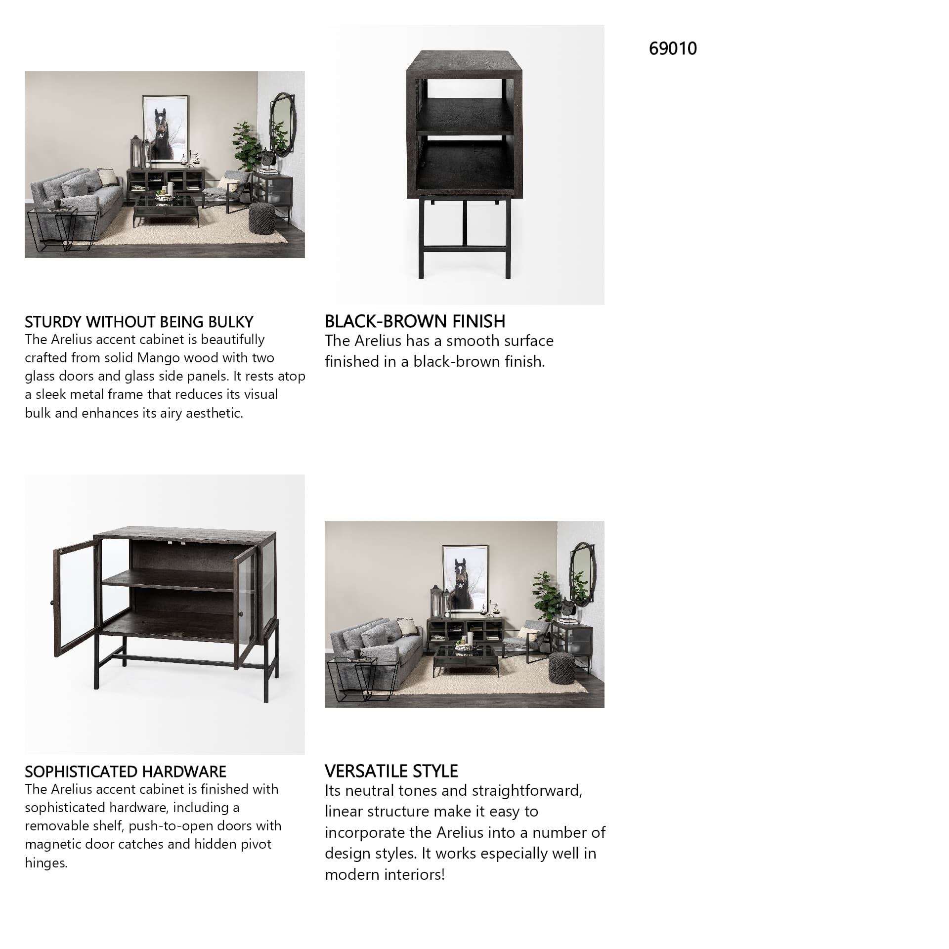 Arelius 36L x 18W Black-Brown Wood, Black Metal Base w/ 2 Glass Doors Accent Cabinet — in a styled room