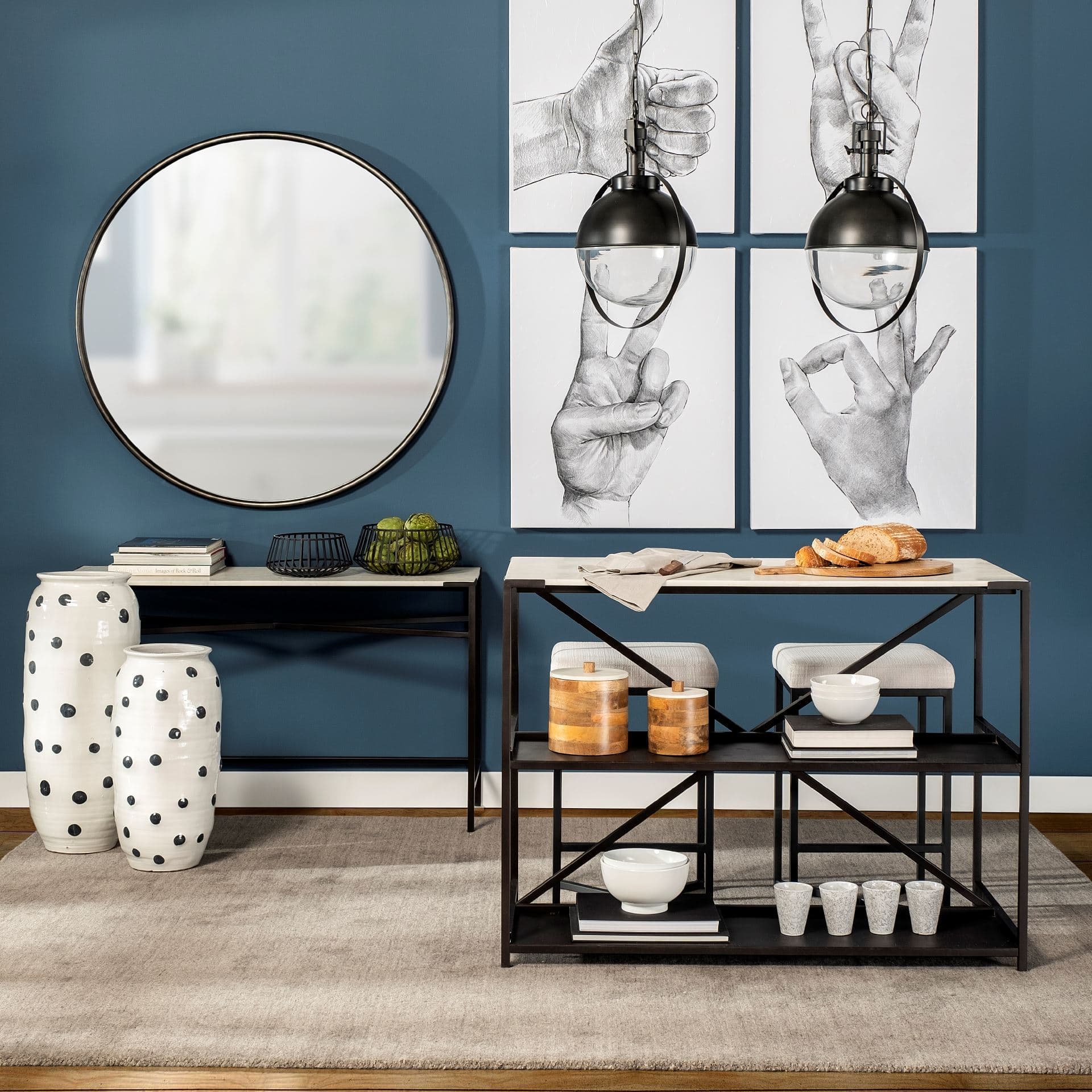 Emilio Set of 2 Black Metal Slated Bowls — in a styled room